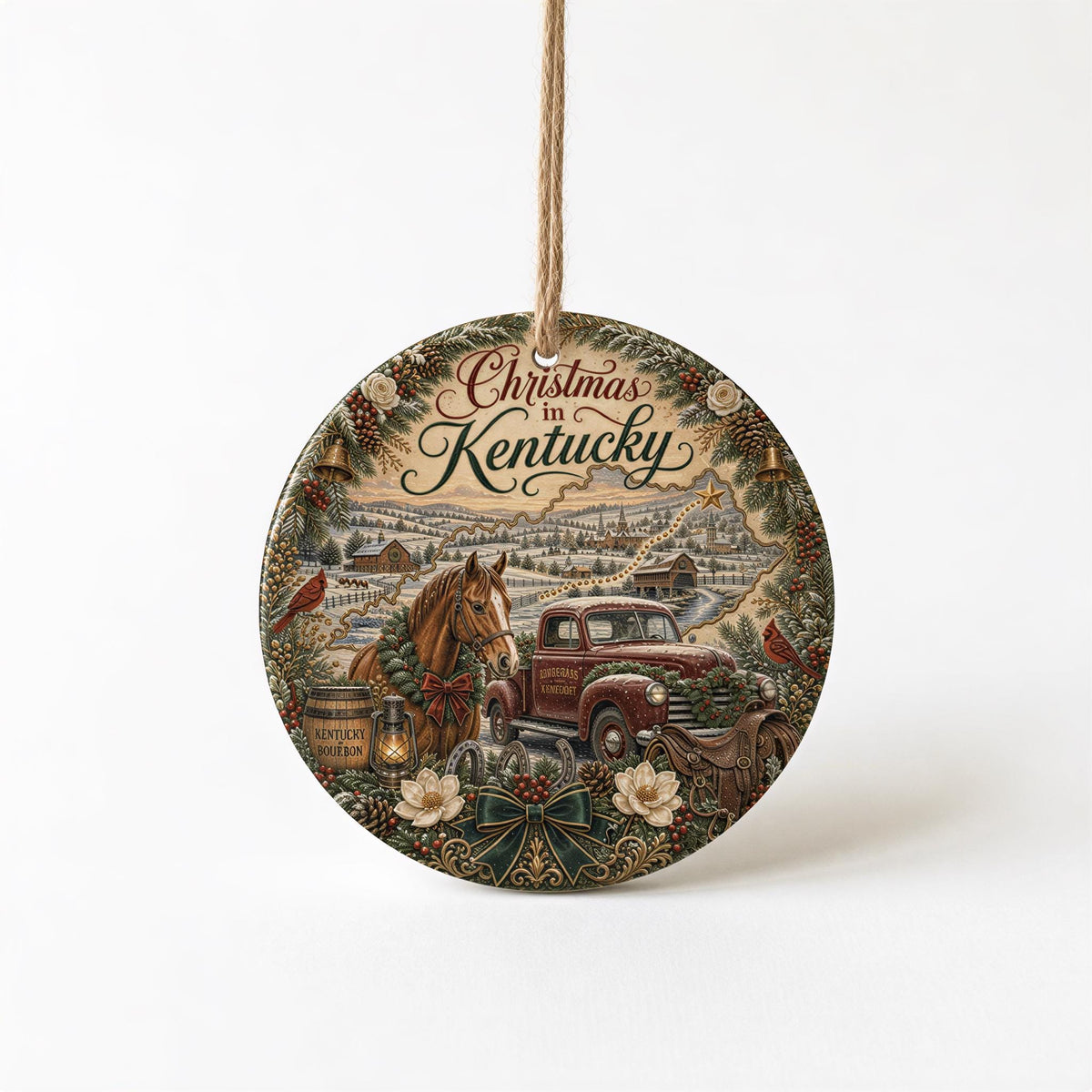 Kentucky Christmas Ornament, Bluegrass Horse Farm Ceramic Round