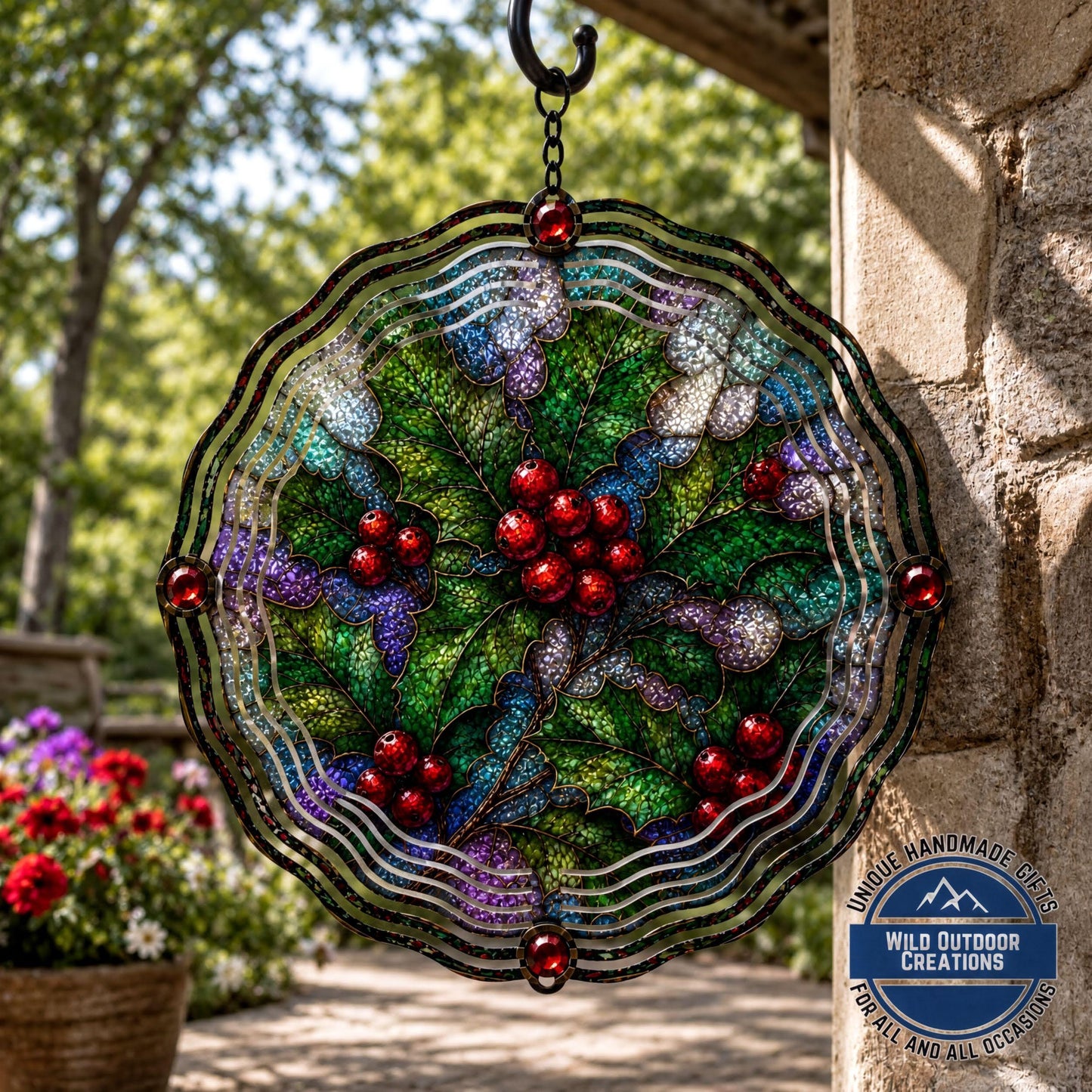December Birth Flower Wind Spinner Holly Faux Stained Glass Garden Gift Yard Art