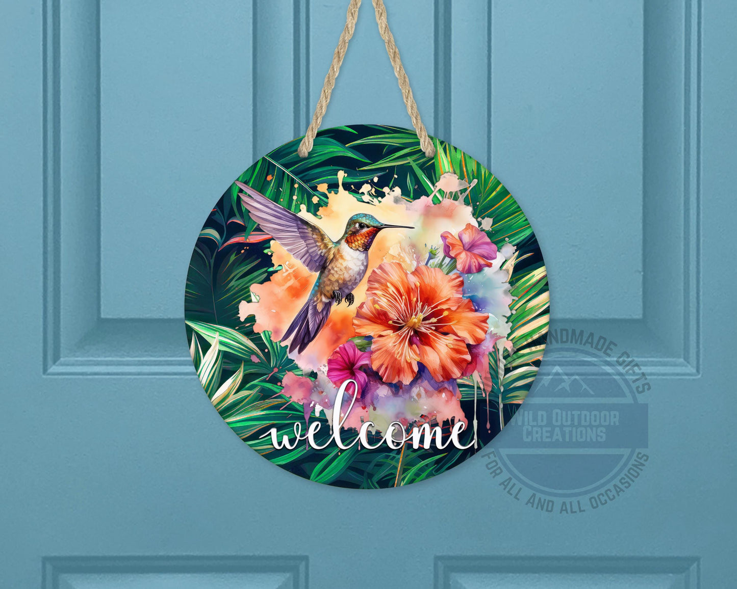 Tropical Hummingbird Door Hanger - Colorful Floral Welcome Sign with Fade Resistant Print