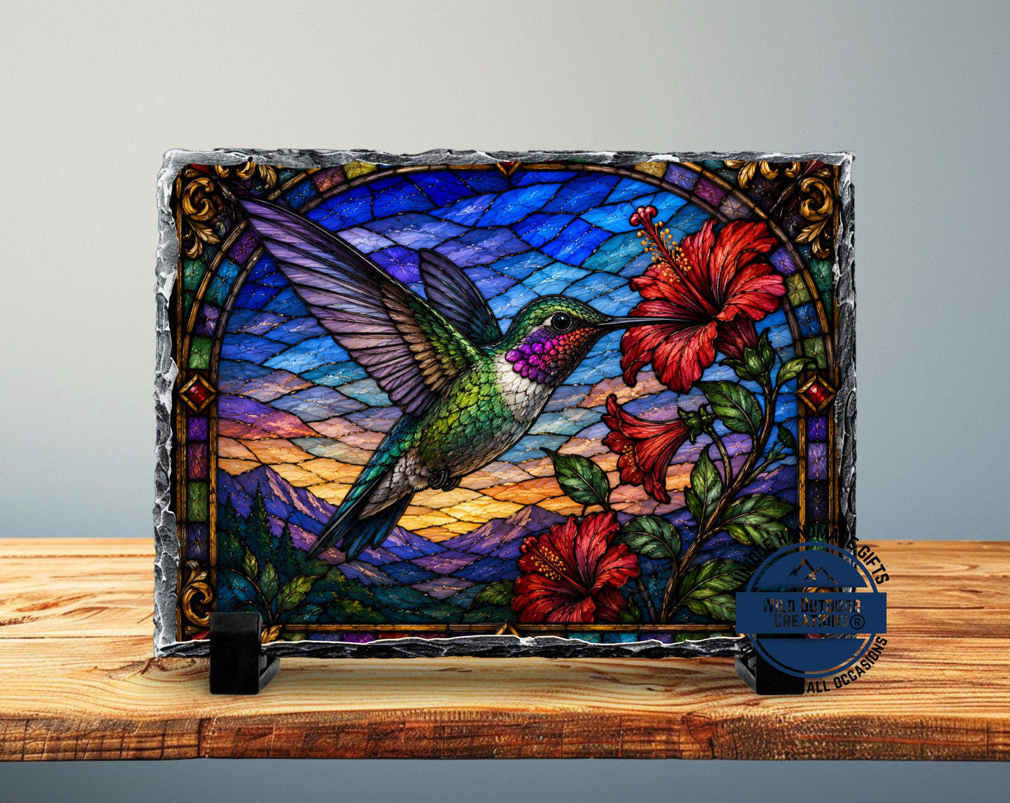 Hummingbird Faux Stained Glass Slate Plaque, Hibiscus Sunset Bird Decor, Garden Lover Gift