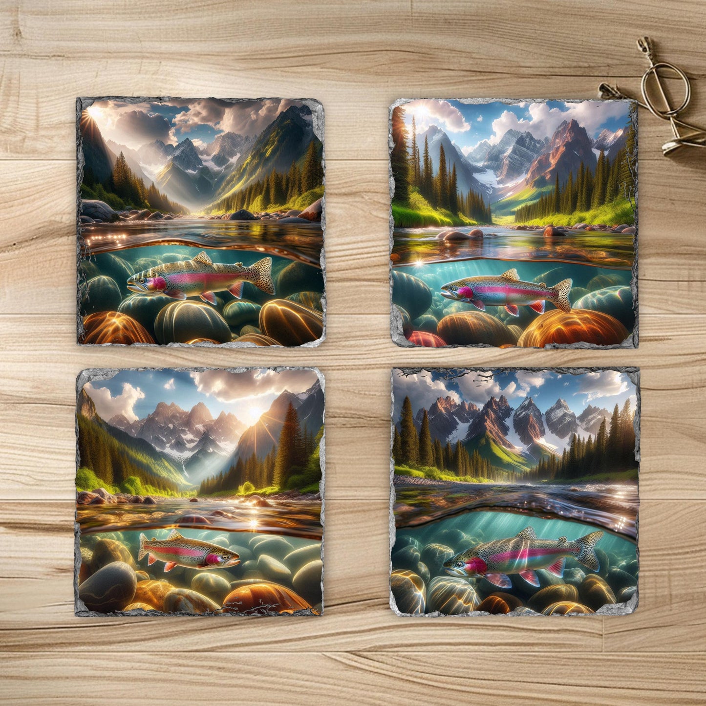 Rainbow Trout Slate Coaster Set with Fractured Edges - Ideal Gift for Fishermen and Outdoor Lovers