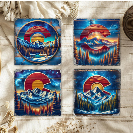 Colorado C Logo Mountain Scene Fractured Slate Coasters - Perfect Rustic Home Decor Gift for Nature Lovers