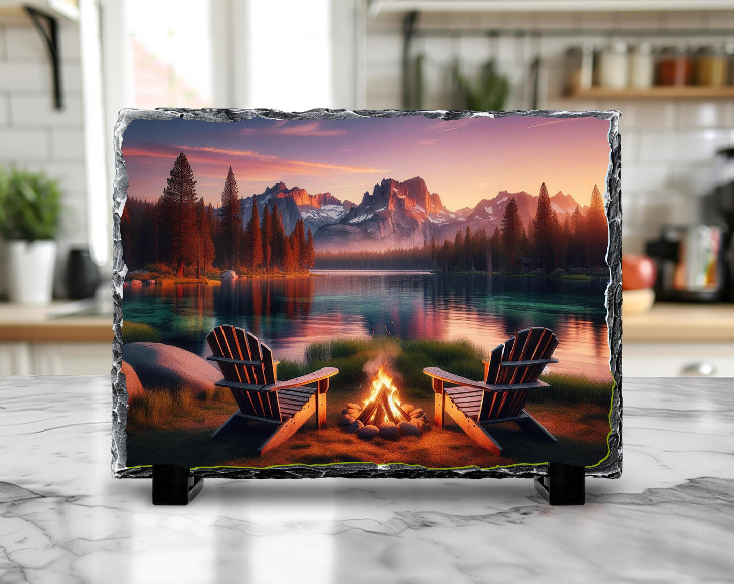 Lake House Decor Rustic Cabin Slate Art - Mountain Campfire Scene Plaque