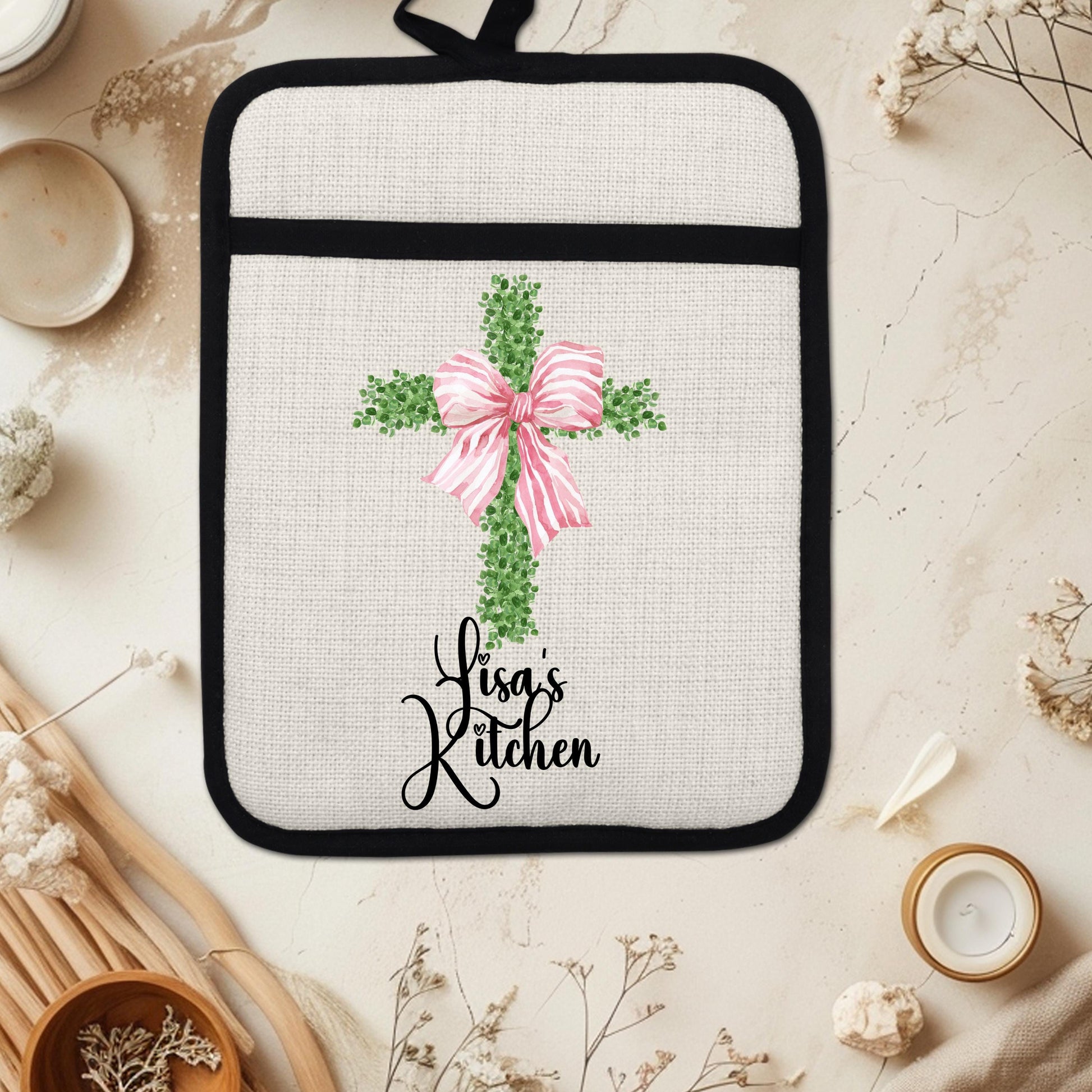 Personalized Cross Pot Holder – Pink Floral Cross, Custom Name Kitchen Gift - lifestyle view