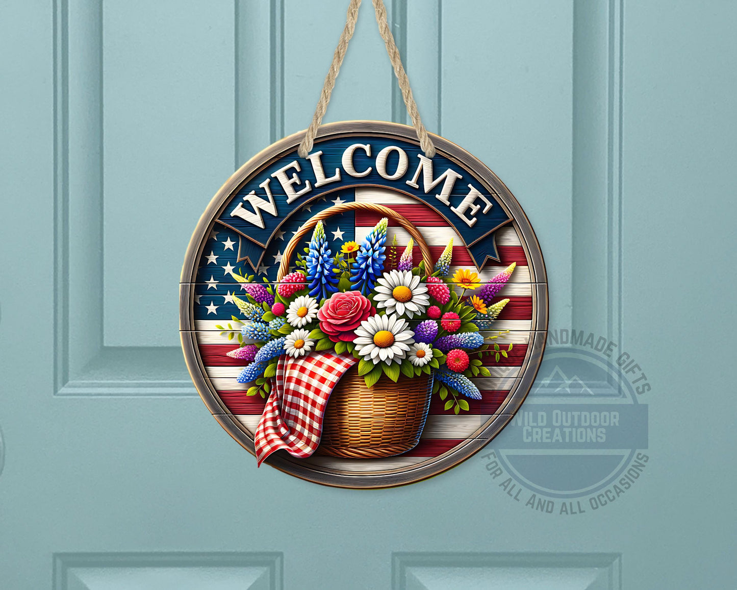 Patriotic Door Hanger - Aluminum Outdoor Sign With American Flag & Floral Basket