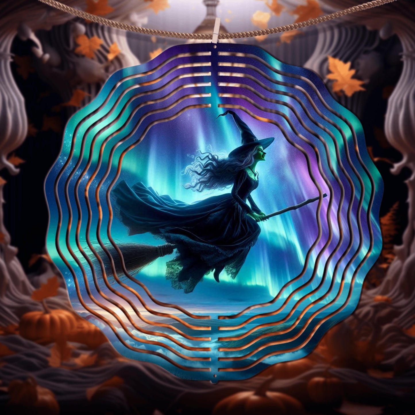 Witch on Broom Wind Spinner - Aurora Borealis Aluminum Outdoor Art for Enchanting Yard Decor