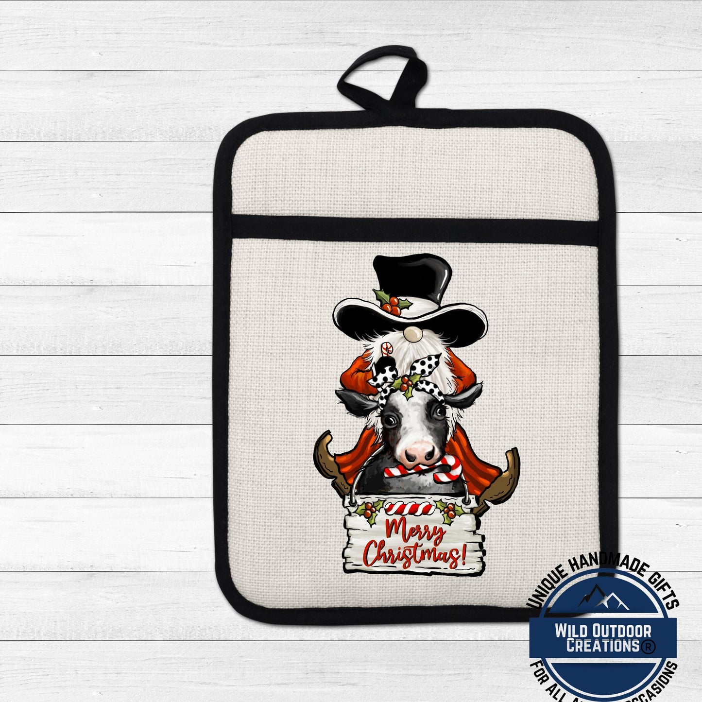 Christmas Cow Pot Holder Linen Hot Pad Cowboy Gnome Farmhouse Kitchen Gift