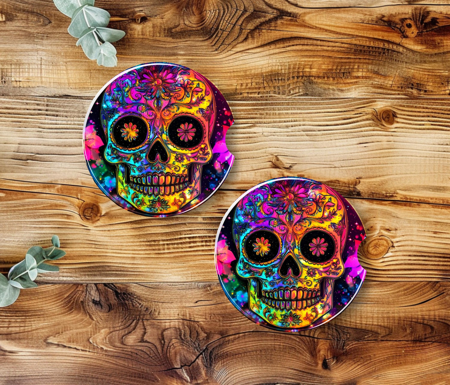 Rainbow Sugar Skull Car Coaster - Stylish Sandstone Cup Holder Mat for Vehicle Decor