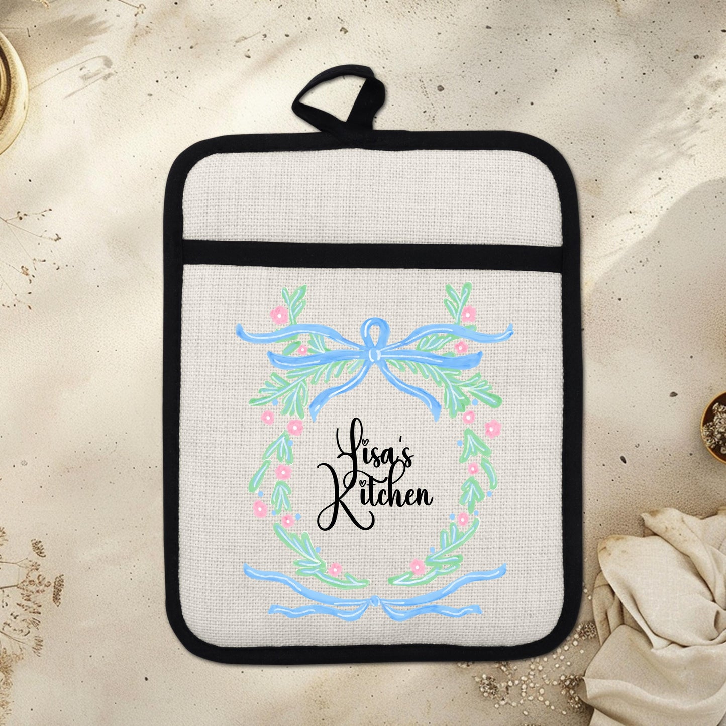 Personalized Pot Holder – Custom Name Floral Kitchen Gift With Linen Pocket - lifestyle view