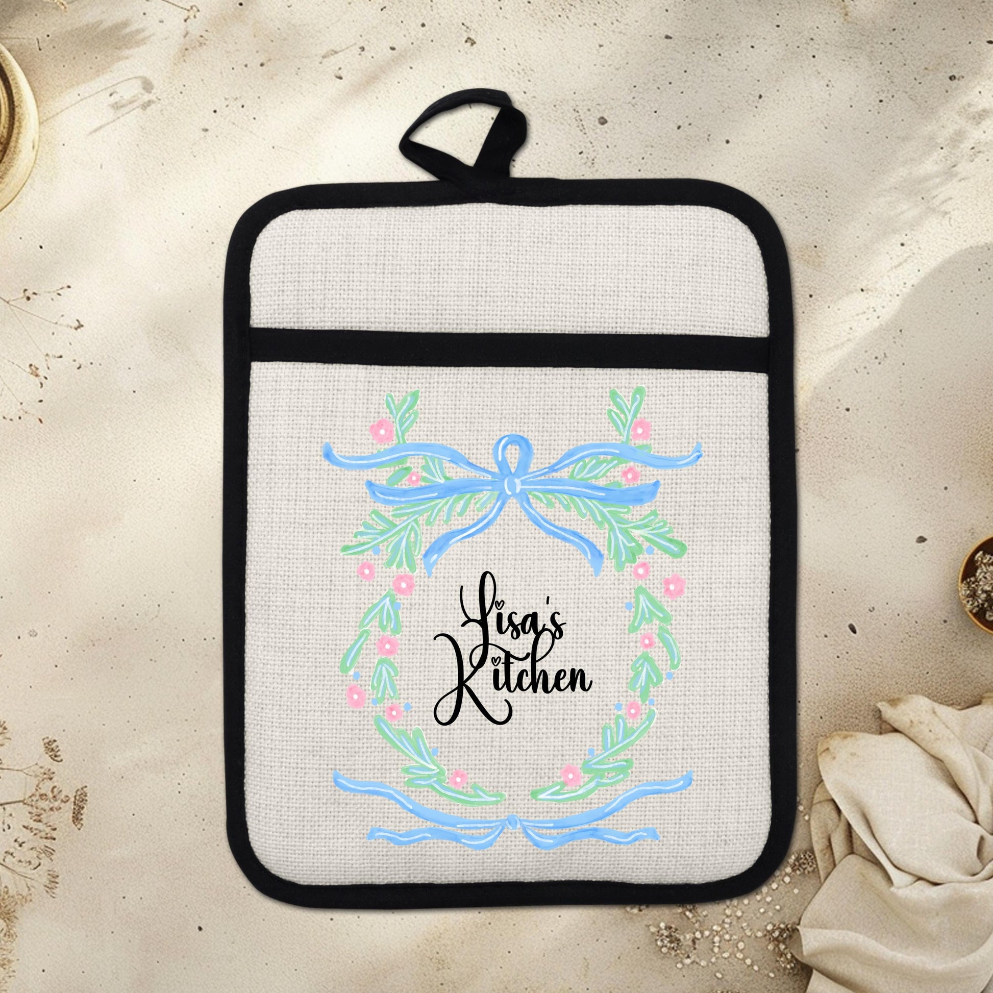 Personalized Pot Holder – Custom Name Floral Kitchen Gift With Linen Pocket - lifestyle view