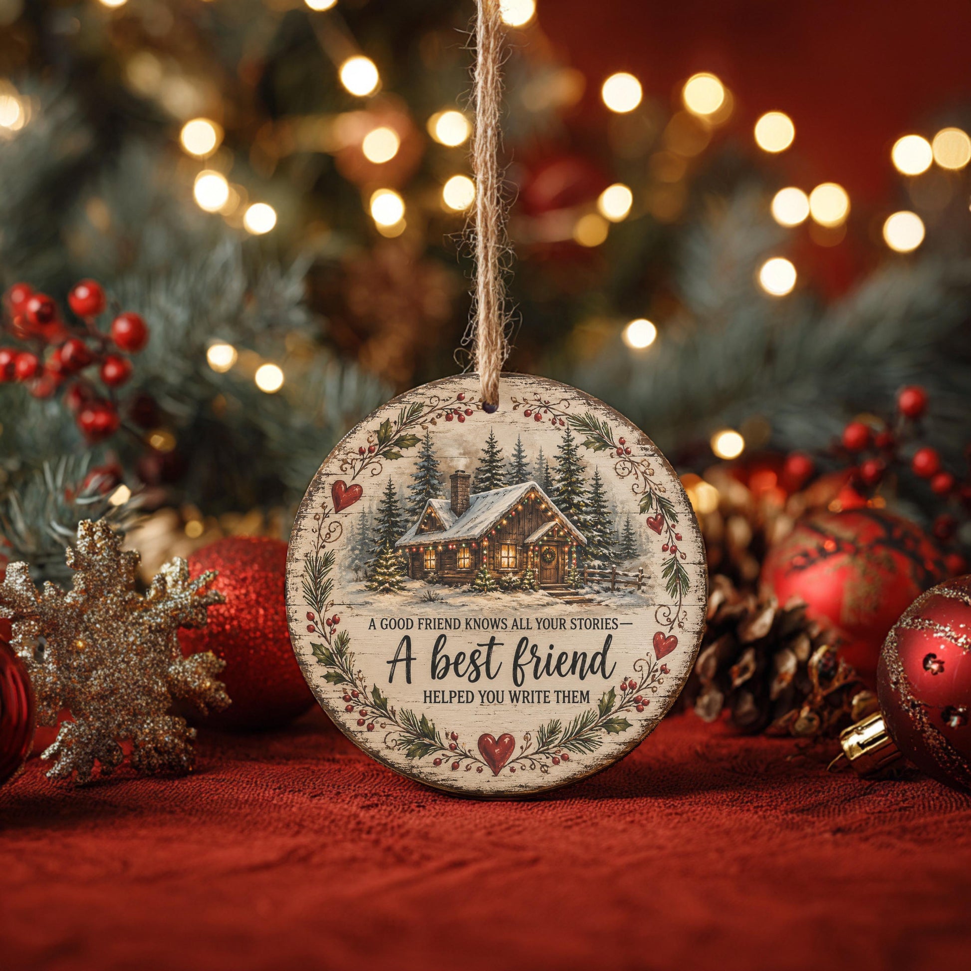 A wooden ornament with a winter scene and a message hangs in the center of the image, surrounded by Christmas decorations and lights.