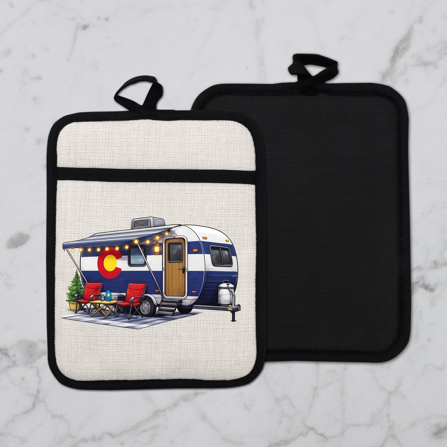 Colorado Camper Pot Holder - Linen Fabric, Silicone Heat Trivet With Loop