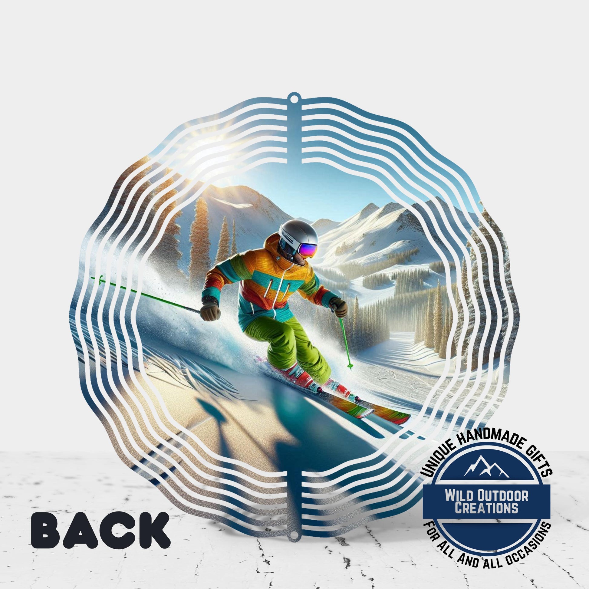 Skier Wind Spinner – Vibrant Double Sided Aluminum Art with 360 Degree Swivel - product dimensions and specifications