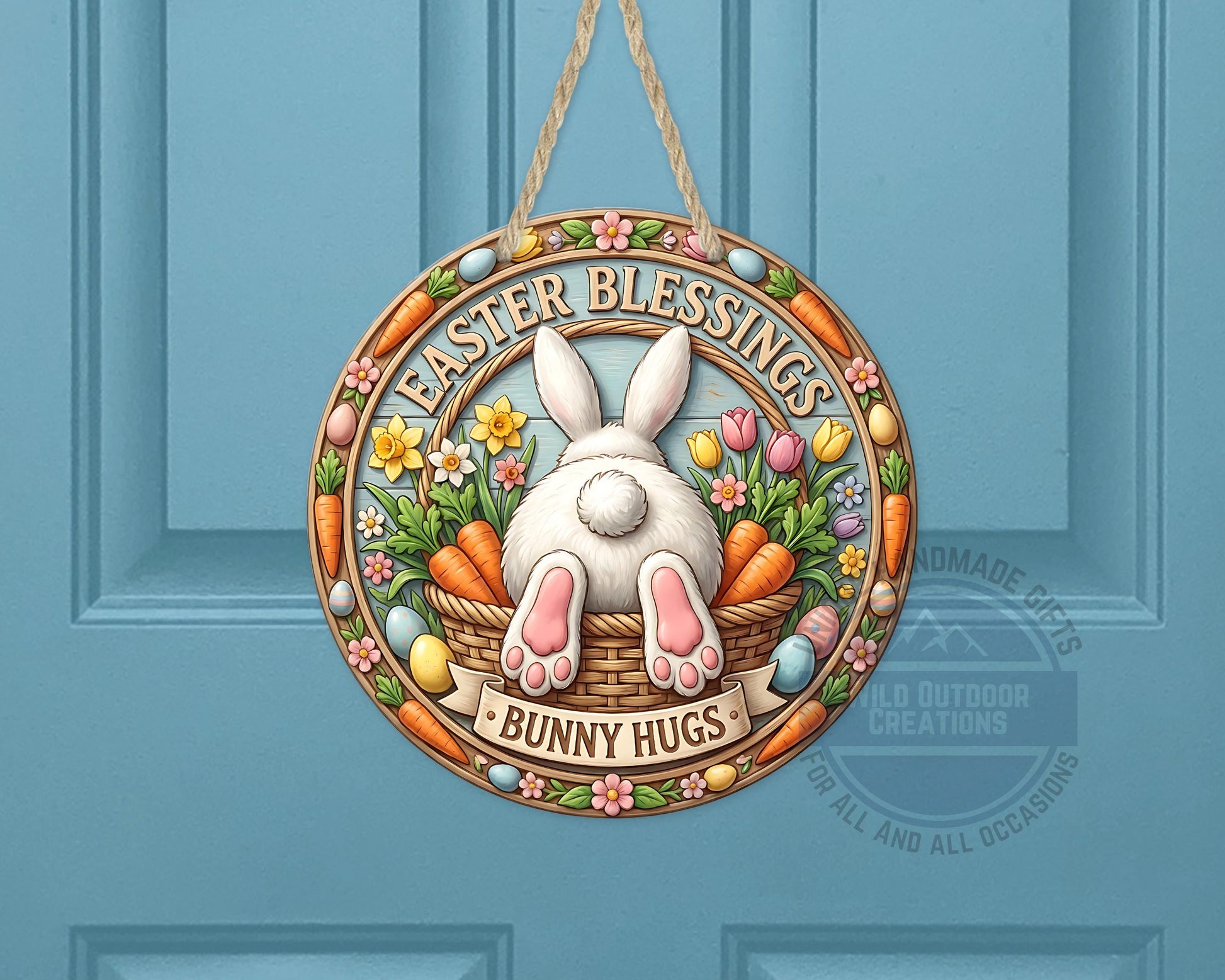 Easter Door Hanger - Round Aluminum Bunny Hugs Sign | Spring Porch Decor - product dimensions and specifications