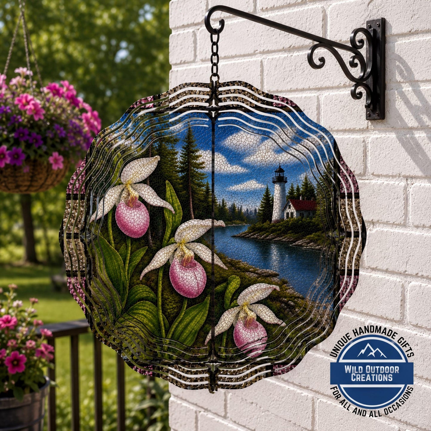 Minnesota State Flower Lady Slipper Wind Spinner Stained Glass Look Lighthouse Decor 10 Inch
