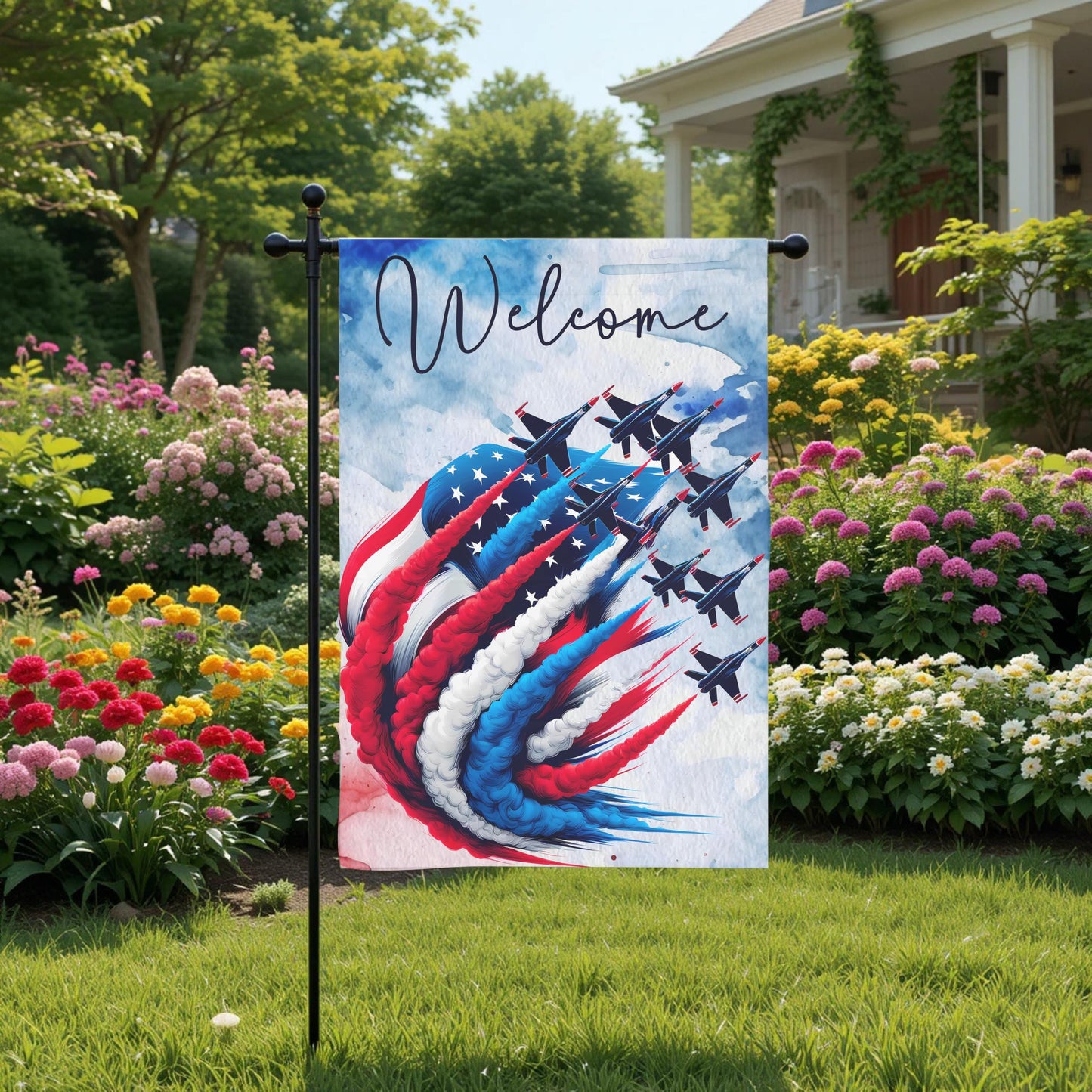 Patriotic Garden Flag - Double Sided 12x18 Red White Blue Fighter Jet Design