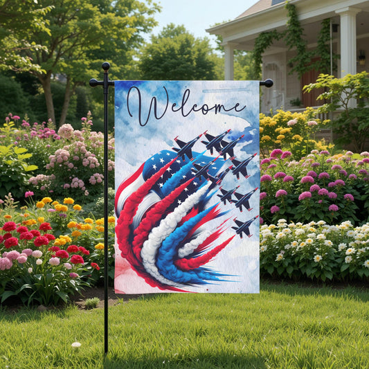 Patriotic Garden Flag - Double Sided 12x18 Red White Blue Fighter Jet Design