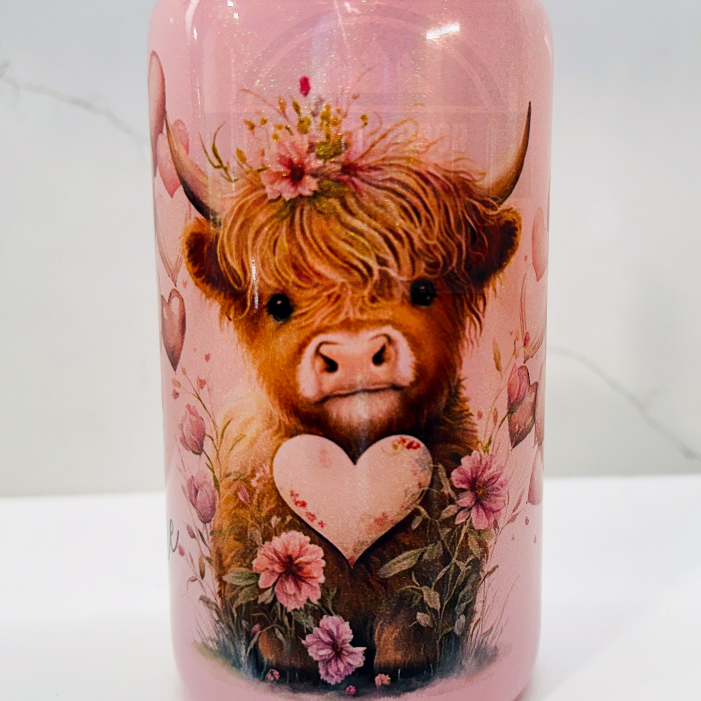 Highland Cow Valentine Iced Coffee Glass Tumbler, Pink Rhinestone Lid