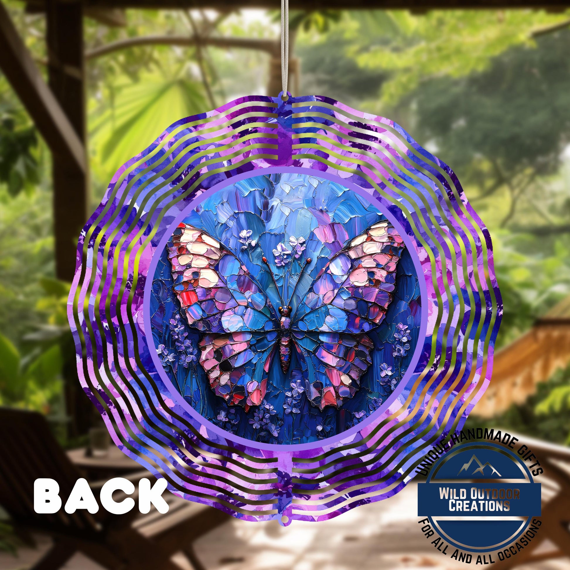 Butterfly Wind Spinner - Double Sided Mosaic Style Spinner, Purple Blue, 10 Inch Aluminum - scale and size reference