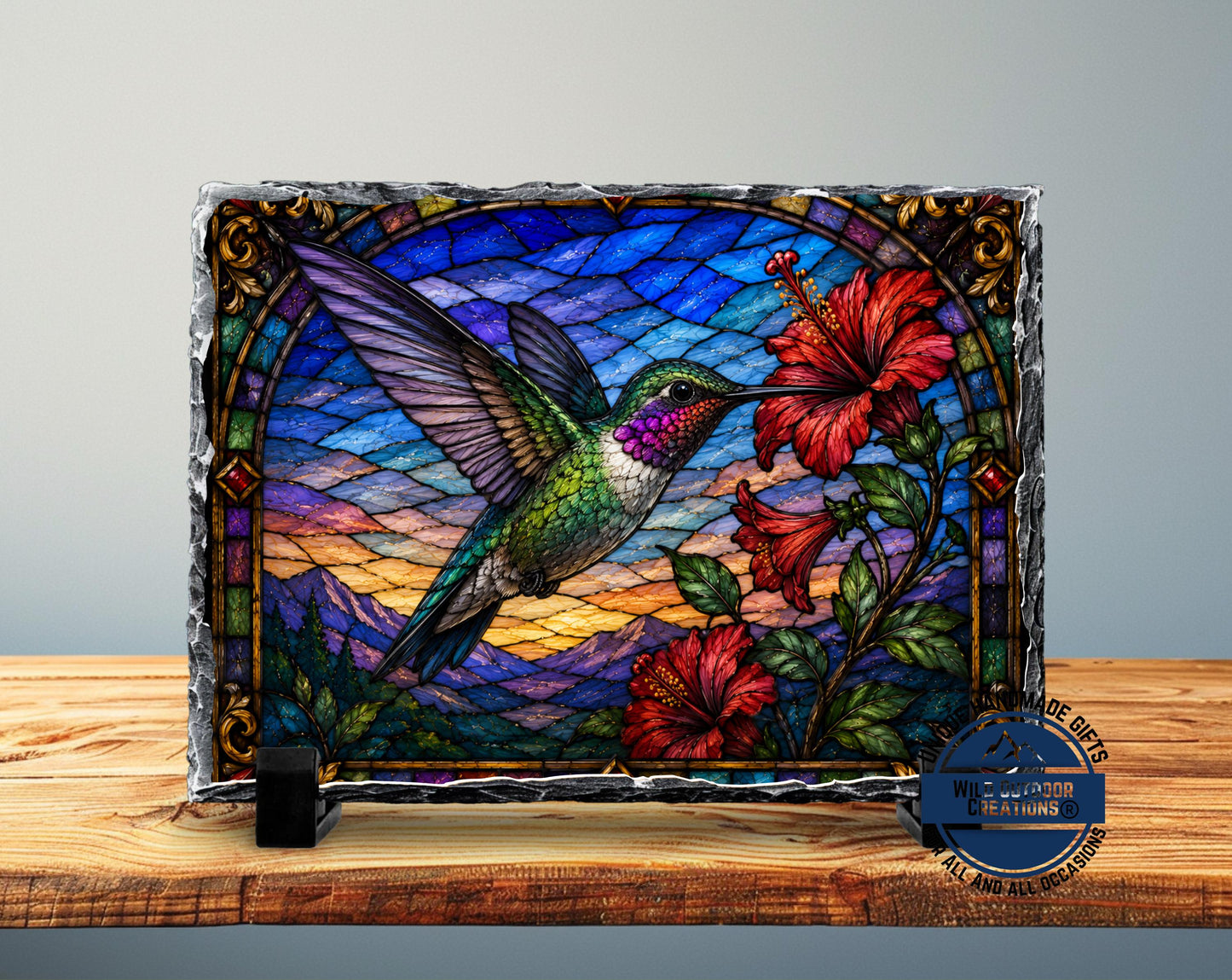 Hummingbird Faux Stained Glass Slate Plaque, Hibiscus Sunset Bird Decor, Garden Lover Gift