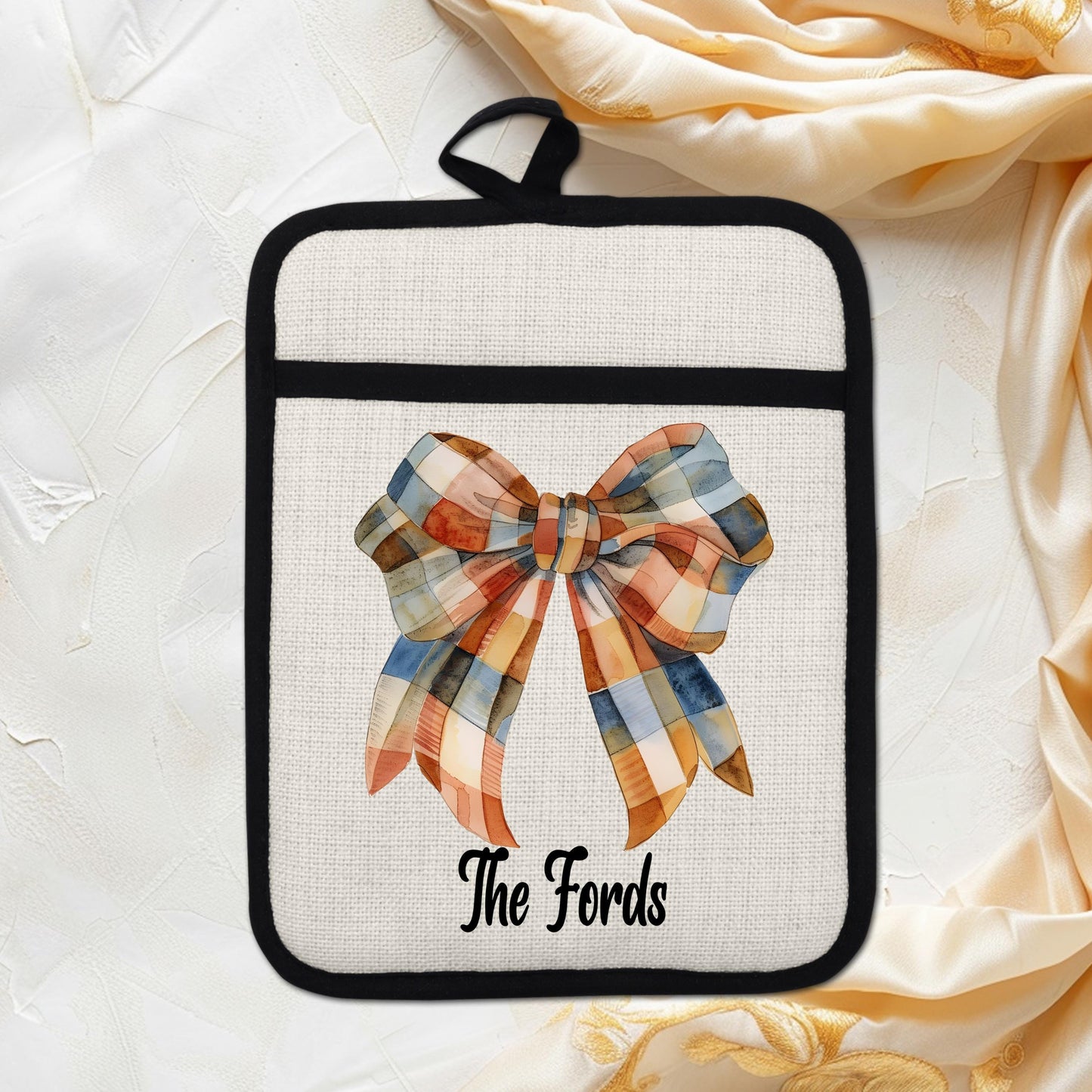 Custom Fall Gingham Pot Holder, Unique Hostess Gift, Personalized Thanksgiving Hot Pad, Seasonal Decor, Autumn Kitchen, Linen Hot Pad