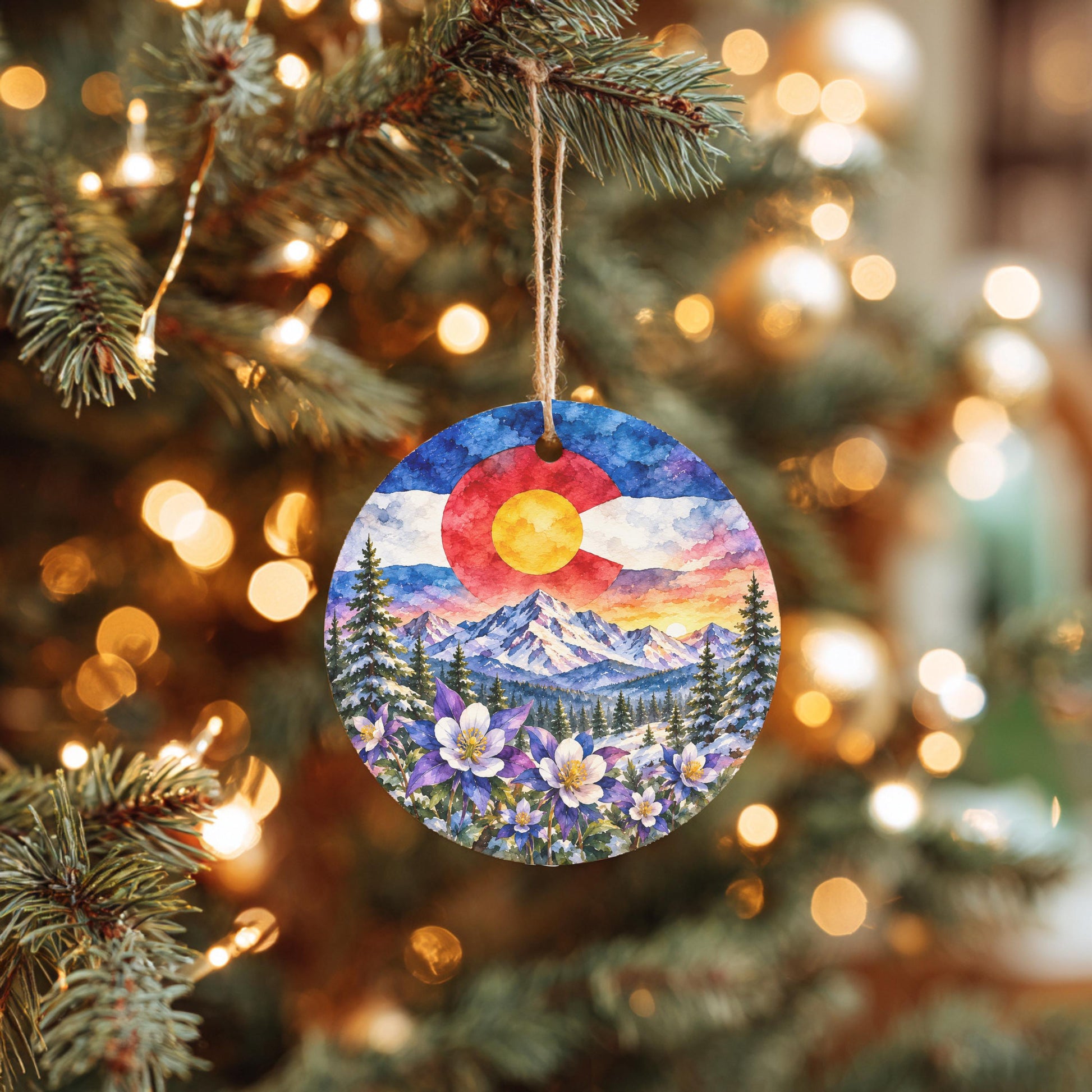 A round ornament hanging from a Christmas tree, featuring a colorful mountain landscape with a red sun in the sky.