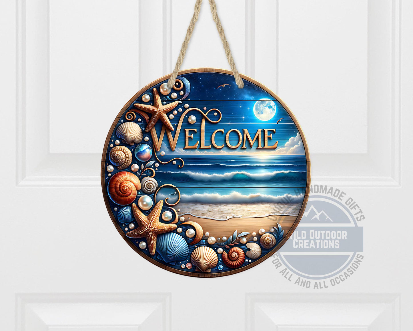 Coastal Door Sign – Nighttime Ocean View | Weather-Resistant Aluminum Outdoor Welcome