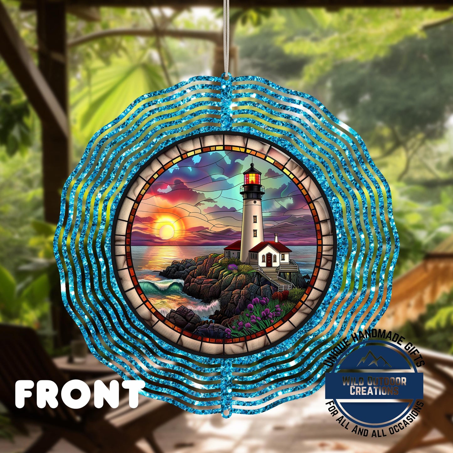 Lighthouse Wind Spinner - Double Sided Coastal Yard Art with 360 Swivel Hook - gift presentation view