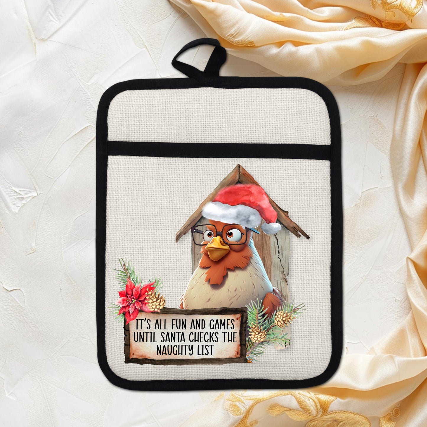 Funny Chicken Christmas Pot Holder with Naughty List Quote  Santa Hat - Rustic Linen Hot Pad for Festive Kitchen Decor