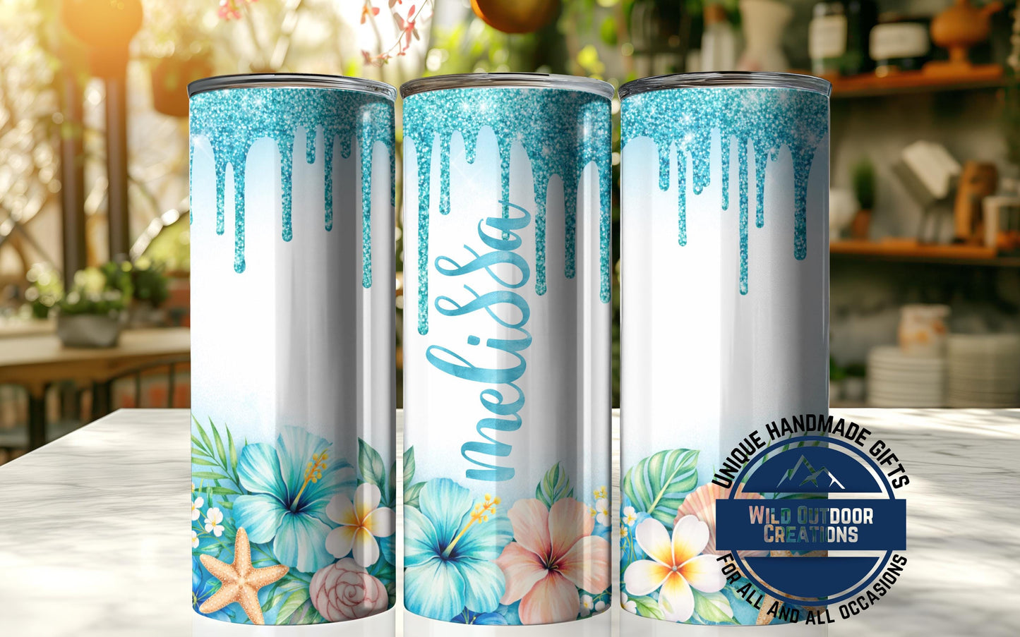 Personalized Tropical Tumbler - Double Wall Tumbler With Floral Beach Design & Glow Green