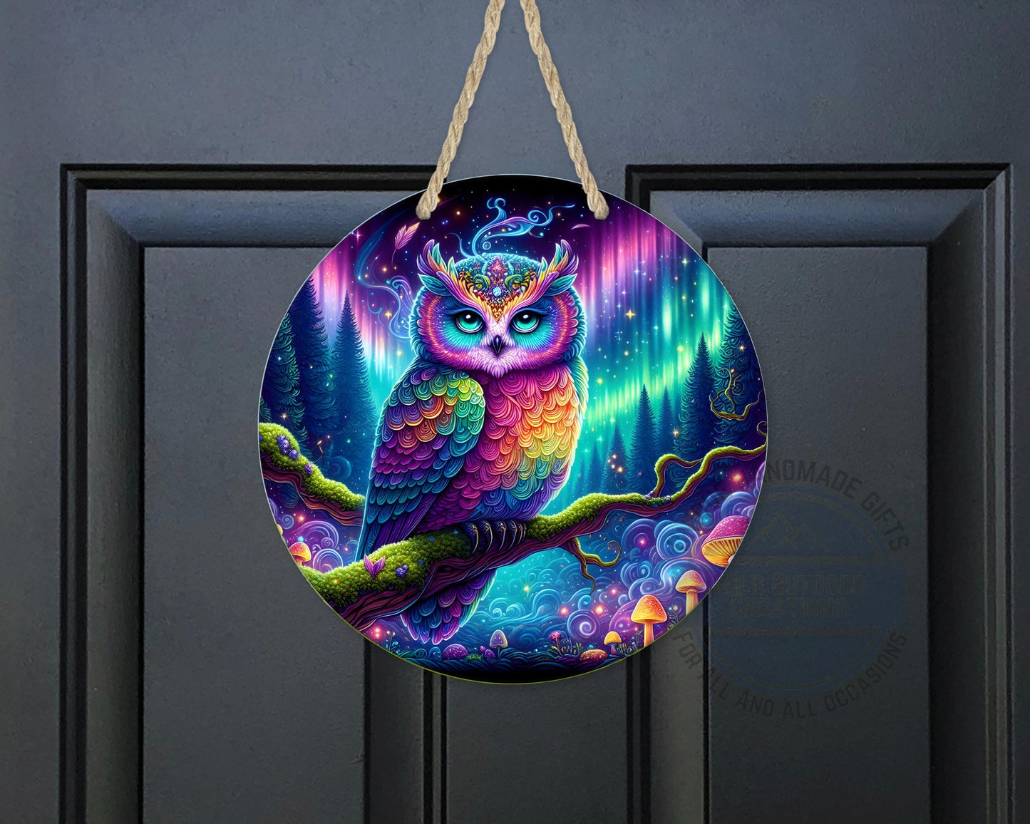 Rainbow Owl Wall Art – Psychedelic Forest Scene | Round Aluminum Sign With Fade Resistant Print