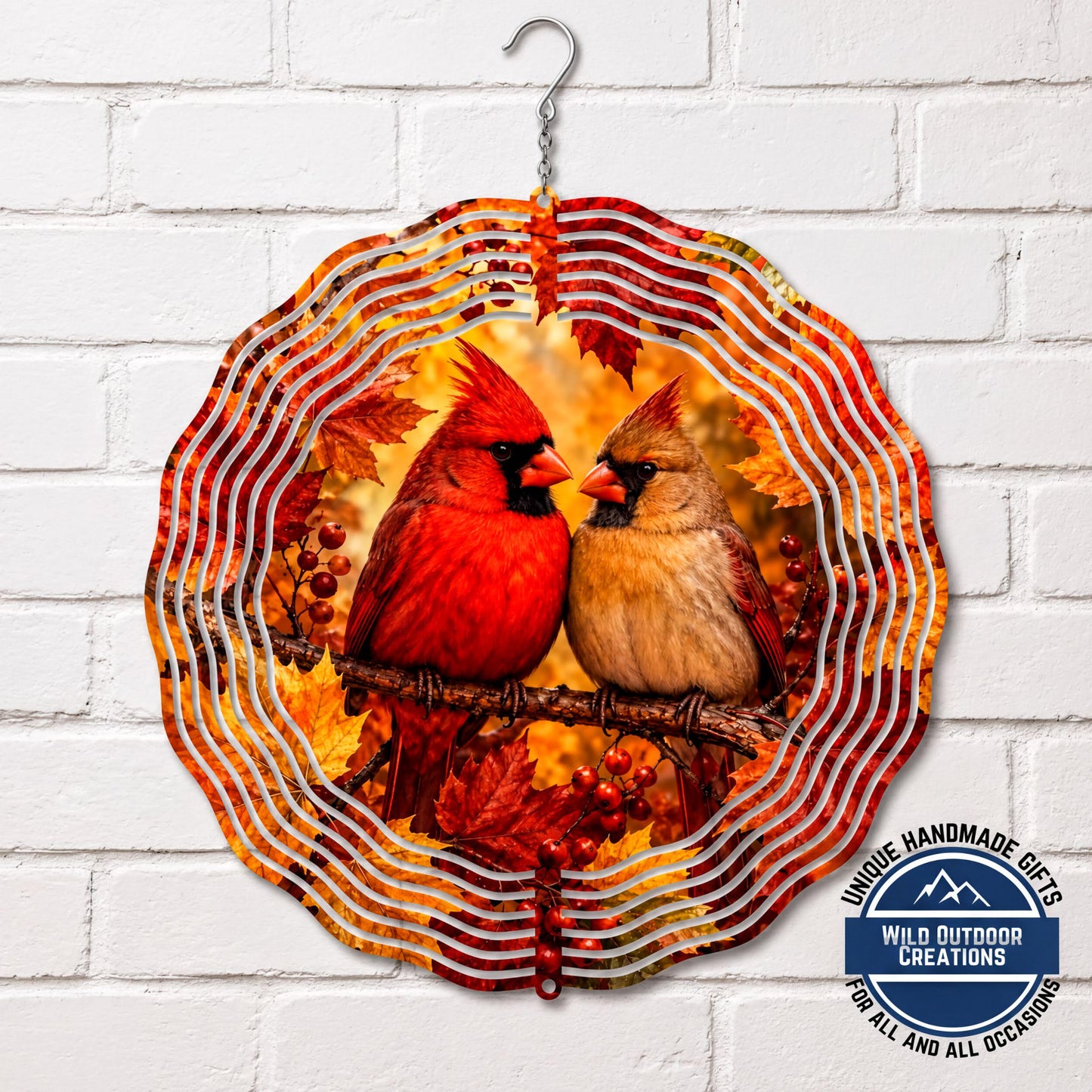 Cardinal Pair Wind Spinner Fall Leaves Red Bird Garden Memorial Decor
