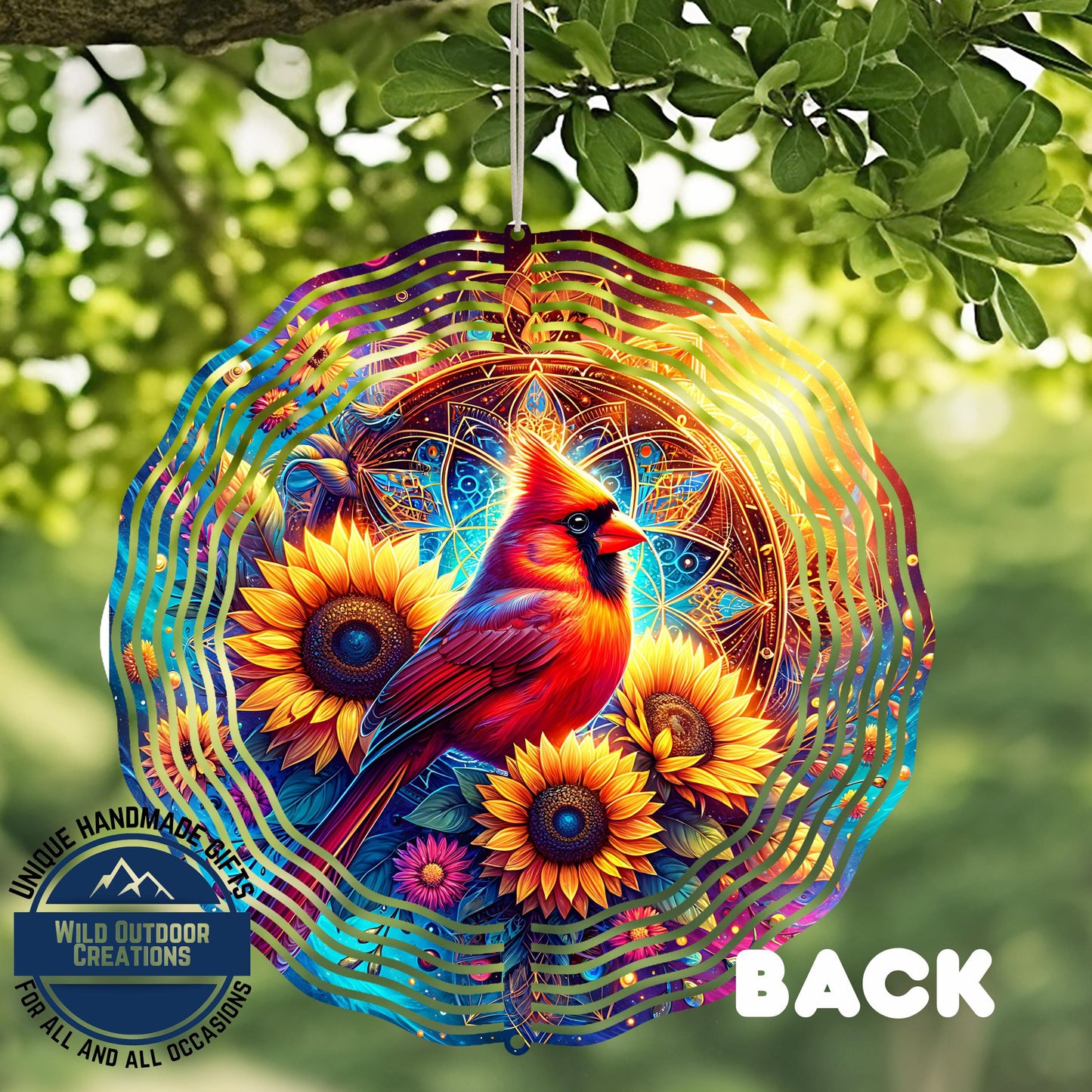 Cardinal Sunflower Spinner - Aluminum Mandala Wind Spinner for Garden Decor