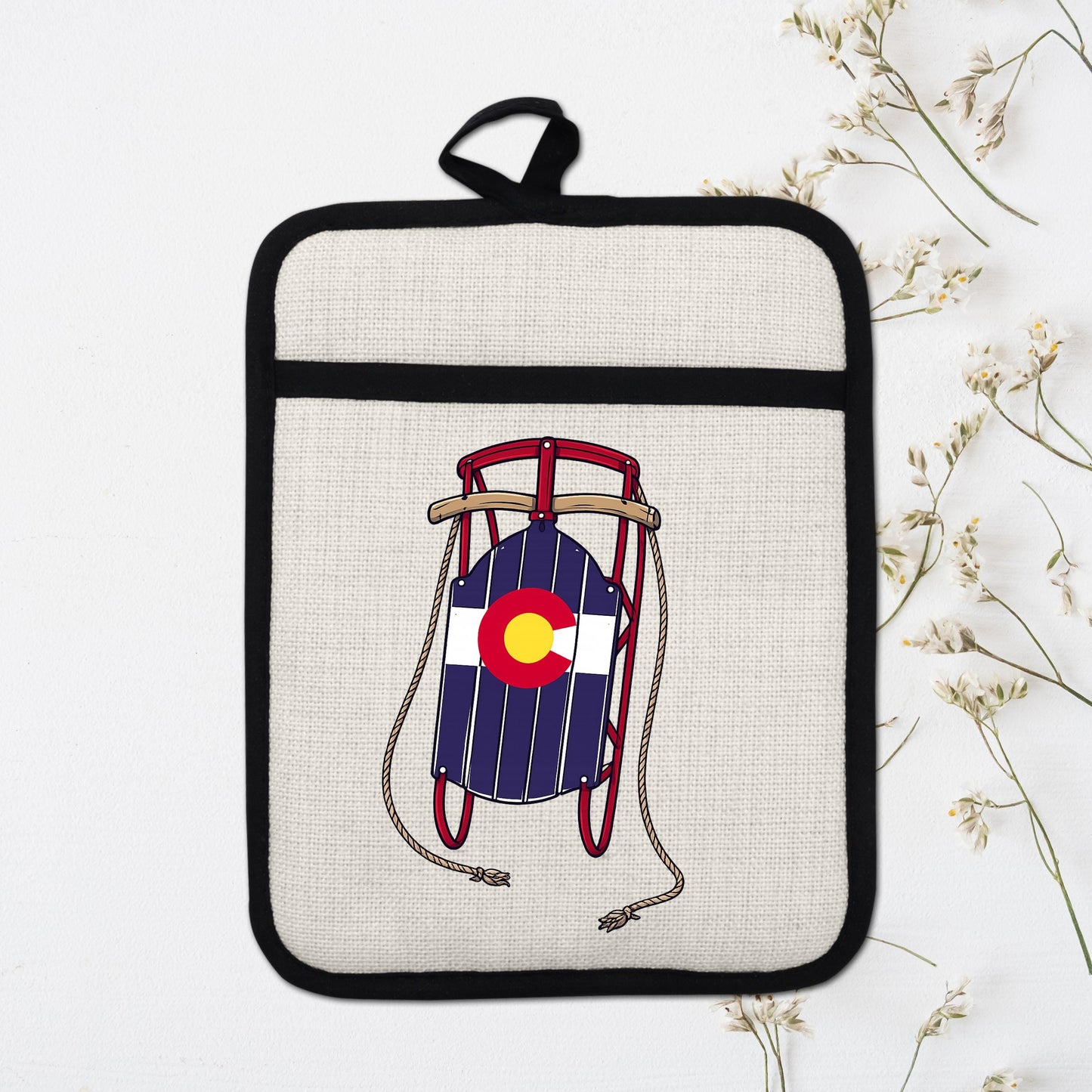 Colorado Sled Pot Holder - Linen Pot Holder with Silicone Back Trivet, Heat Resistant Oven Mitt