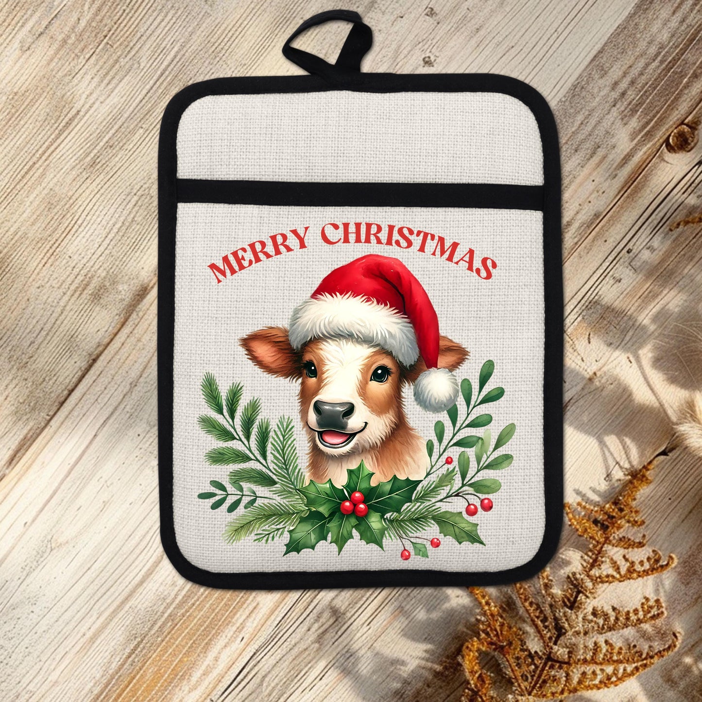 Christmas Cow Pot Holder with Santa Hat  Rustic Brown  White Farmhouse Kitchen Decor