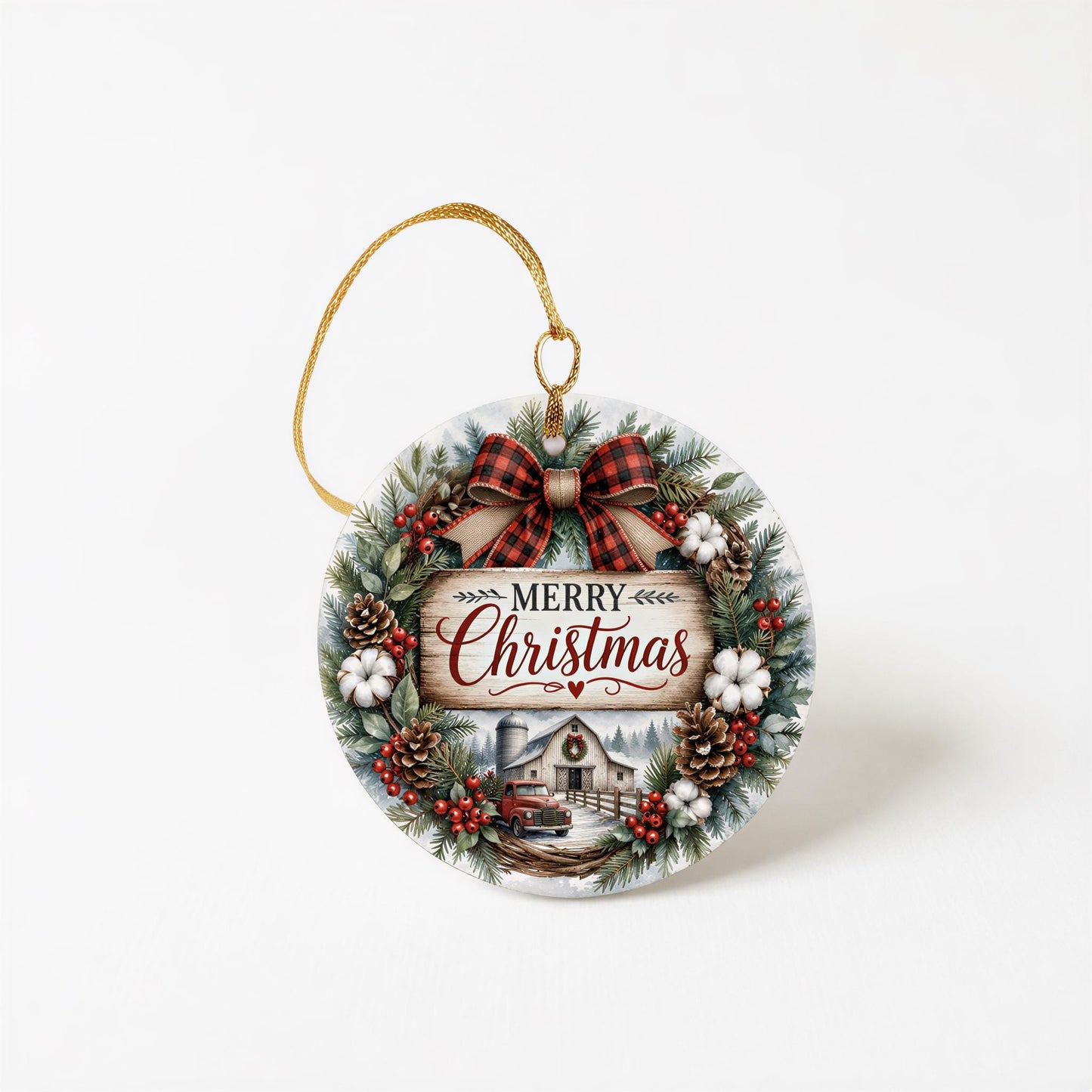 Ceramic Christmas Ornament, Farmhouse Wreath Scene, 3 Inch, Ribbon