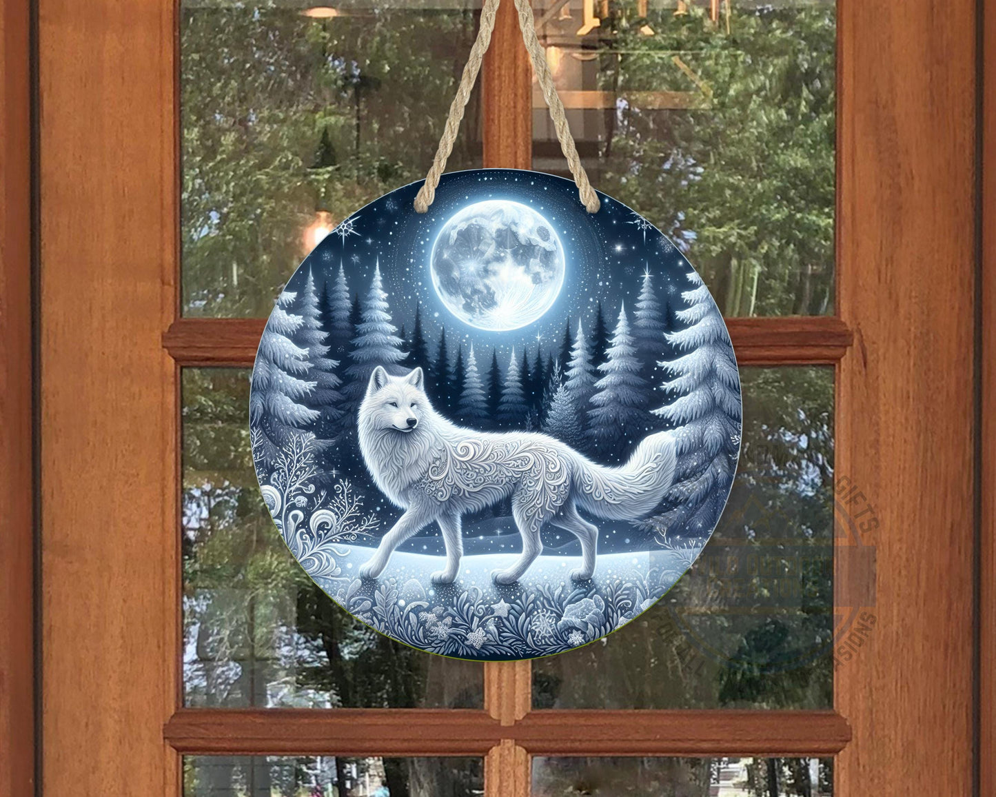 Wolf Door Sign - Rustic Outdoor Decor Full Moon Night with White Wolf Art