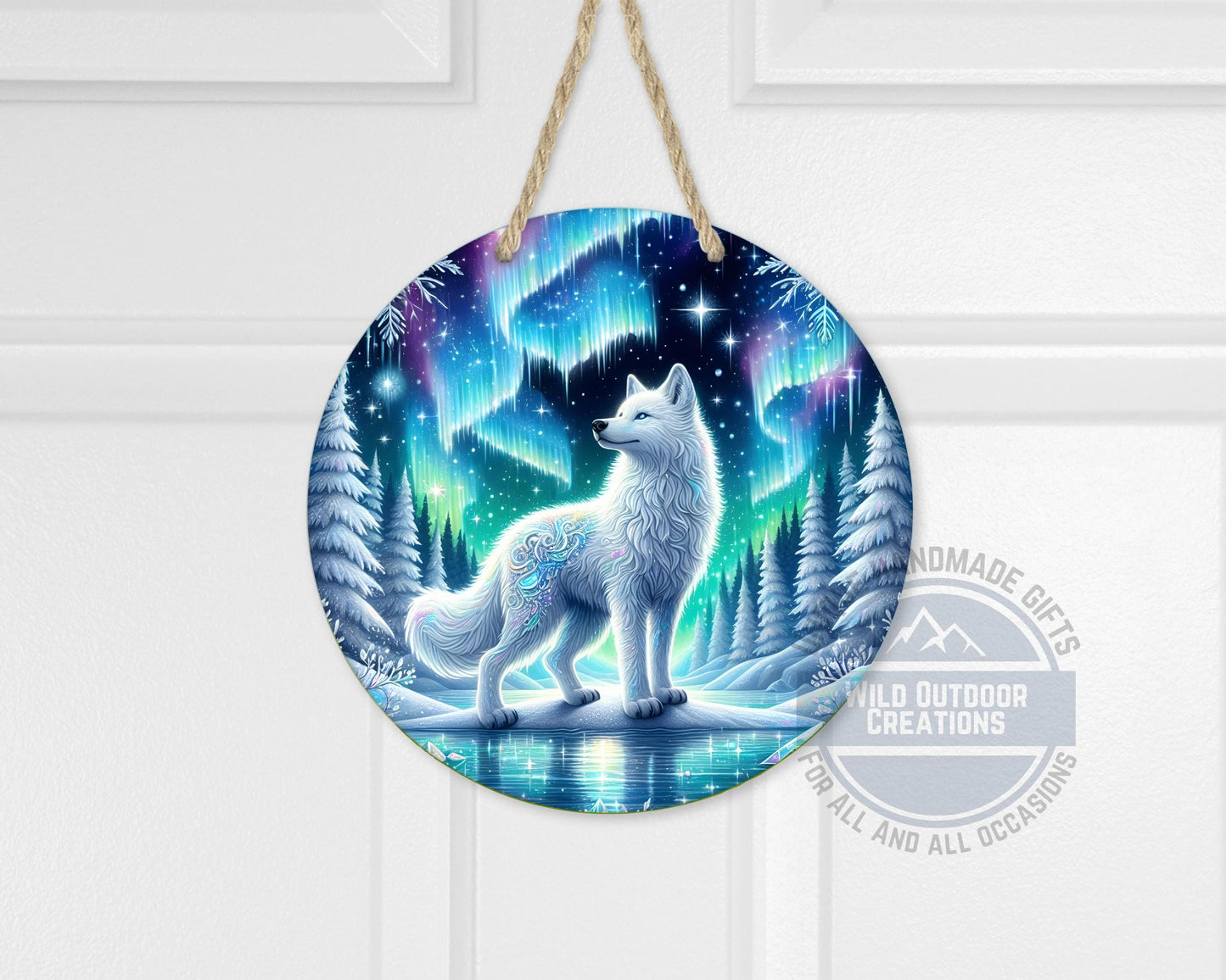 Wolf Door Hanger - Northern Lights Art | Rustic Cabin Sign, Outdoor Decor