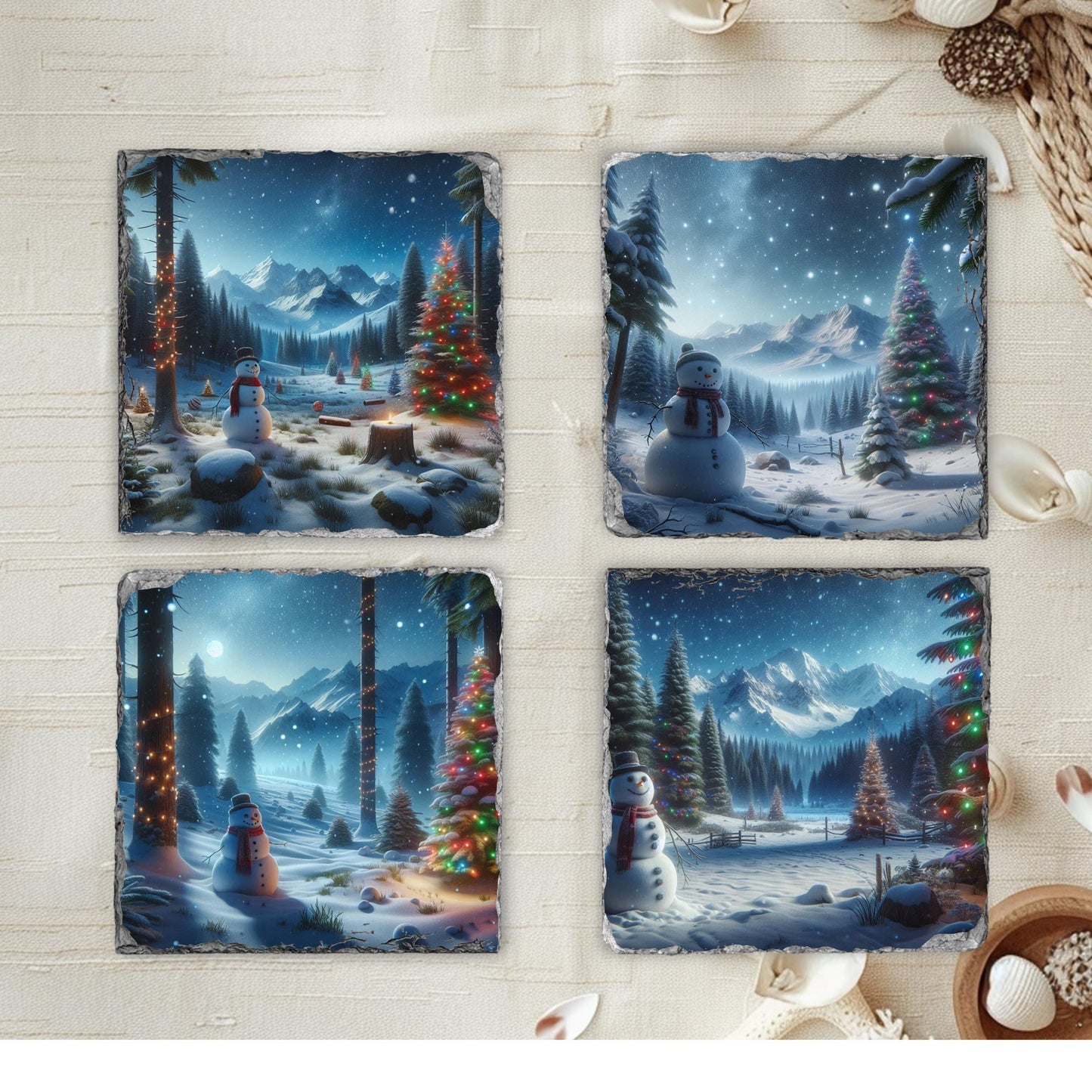 Slate Coaster Set with Festive Snowman  Mountain Scene - 4 Sublimation Coasters and Black Storage Rack for Winter Decor Gift