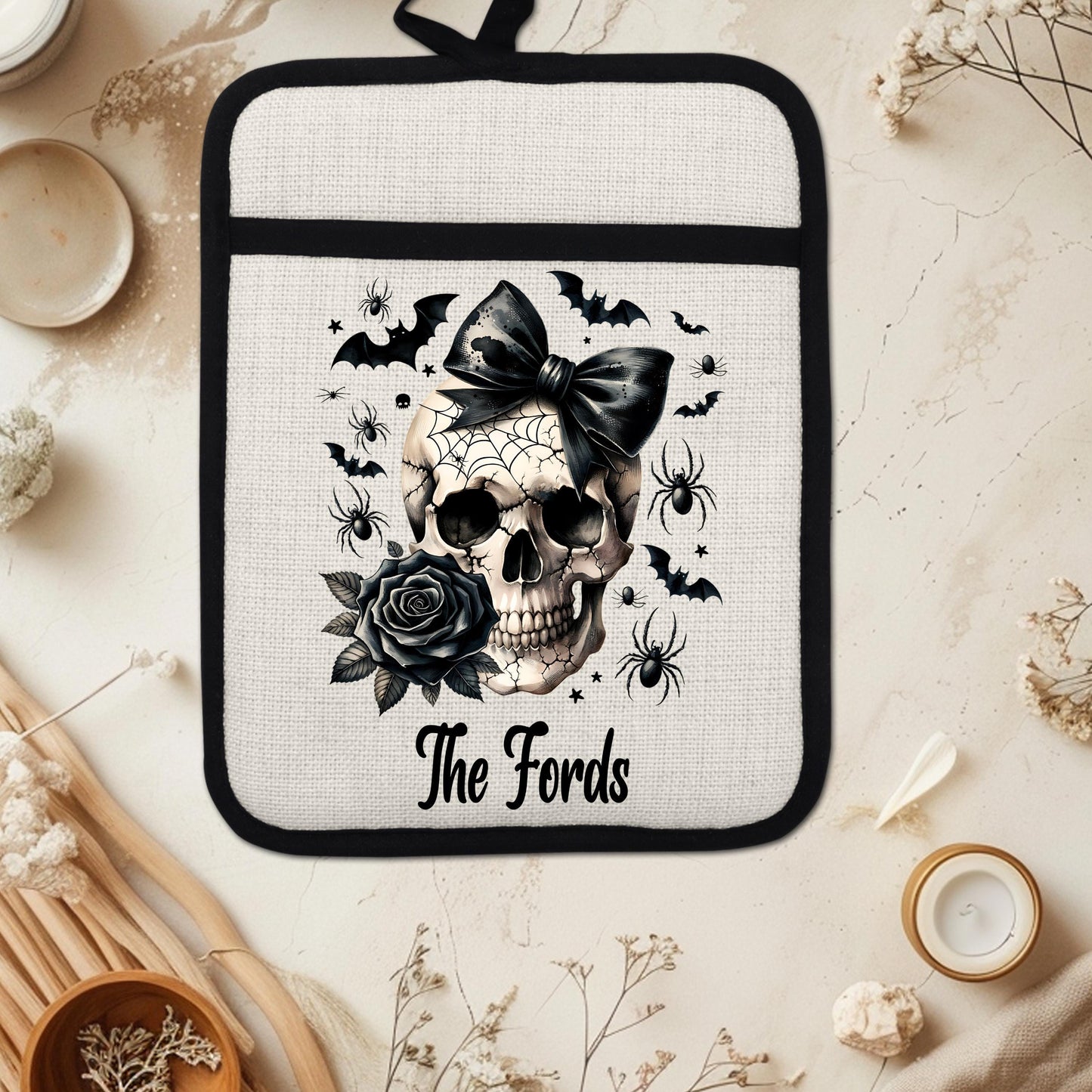 Personalized Skull Pot Holder, Gothic Halloween Decor, Goth Kitchen Gift, Witchy Kitchen