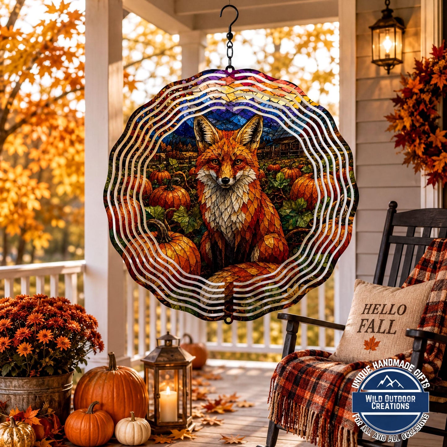 Fox Faux Stained Glass Wind Spinner Fall Pumpkin Patch Garden Decor