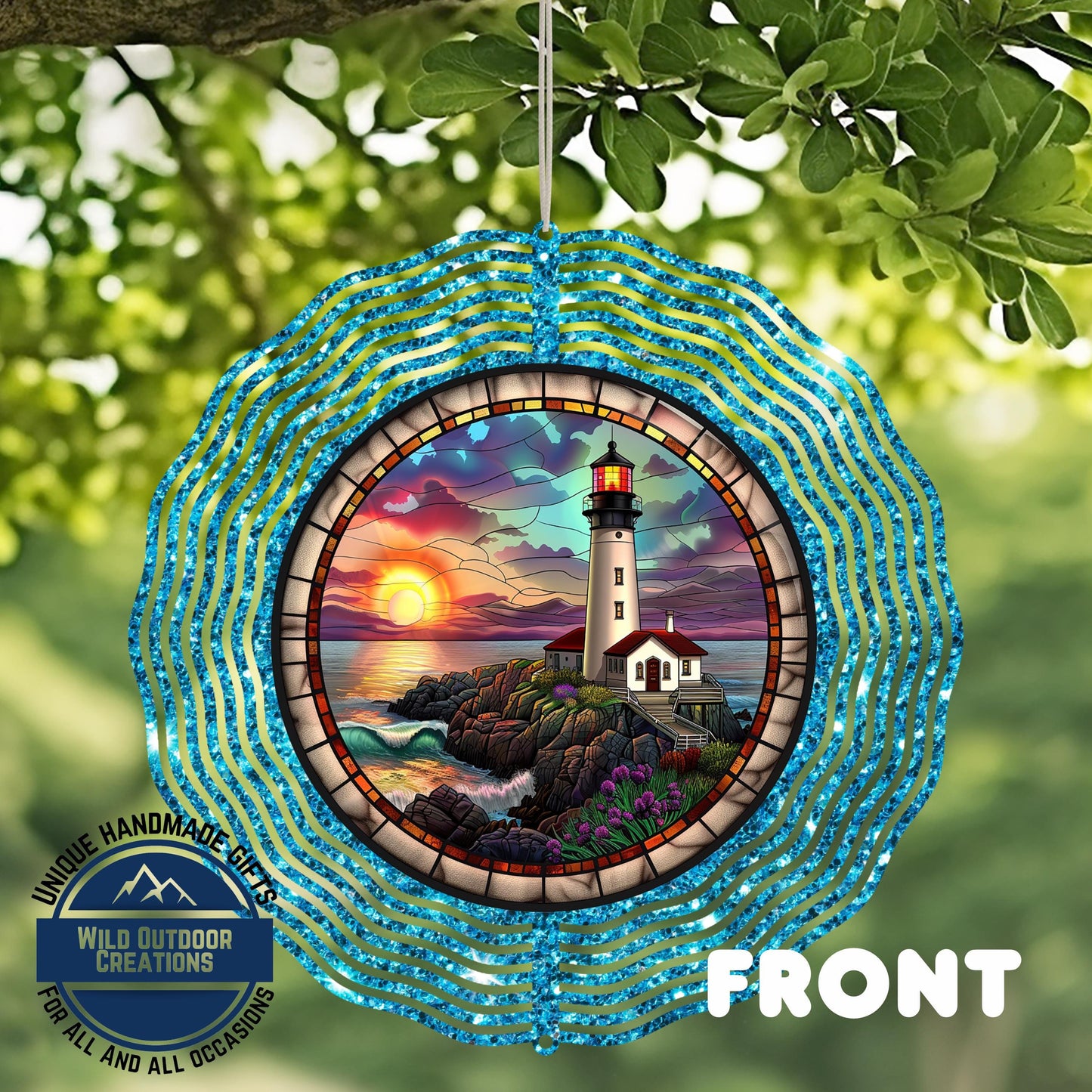 Lighthouse Wind Spinner - Double Sided Coastal Yard Art with 360 Swivel Hook - additional angle
