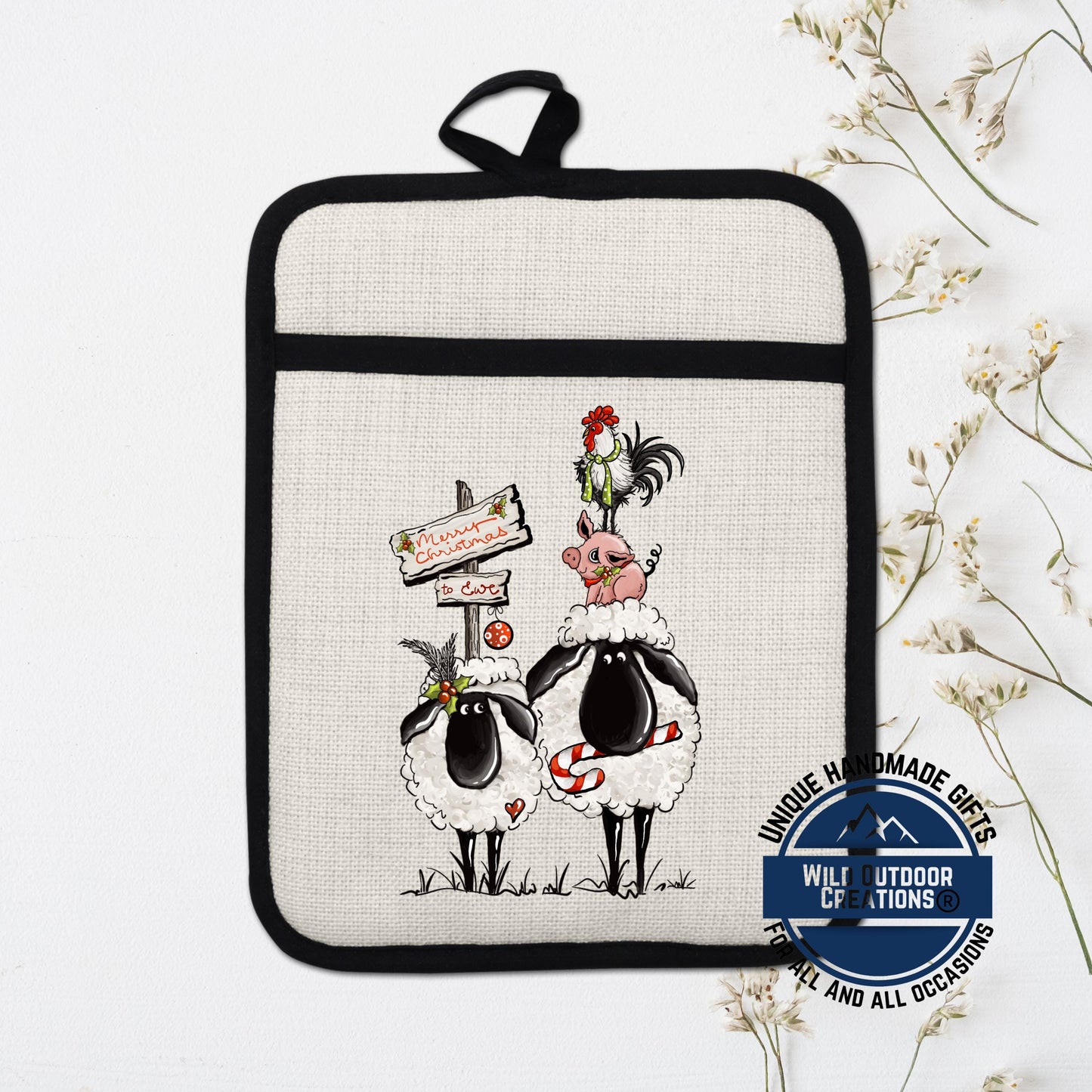 Sheep Pot Holder Linen Hot Pad Merry Christmas Ewe Funny Farmhouse Kitchen Gift