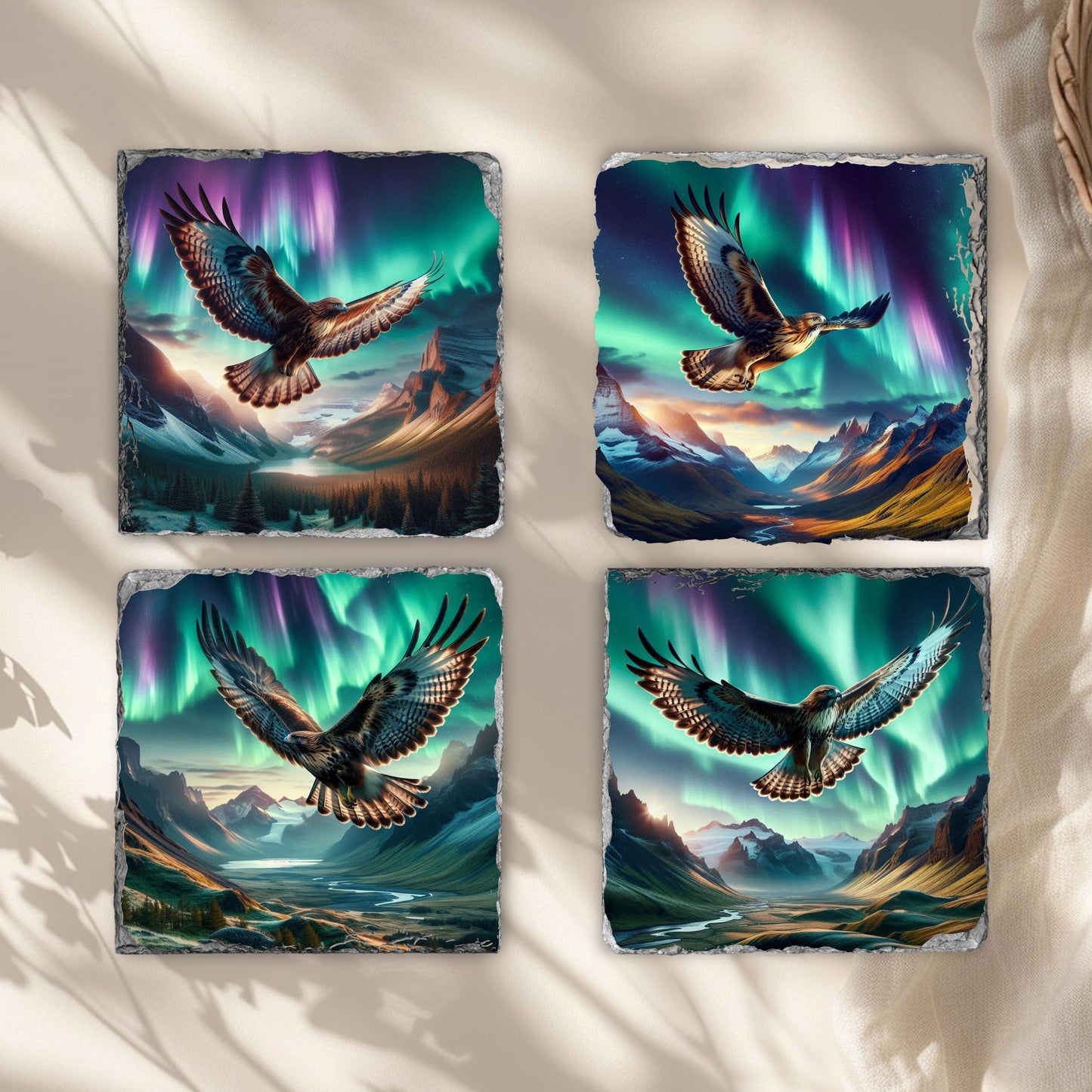 Slate Coaster Set with Unique Hawk  Northern Lights Designs - Perfect Gift for Outdoor Enthusiasts