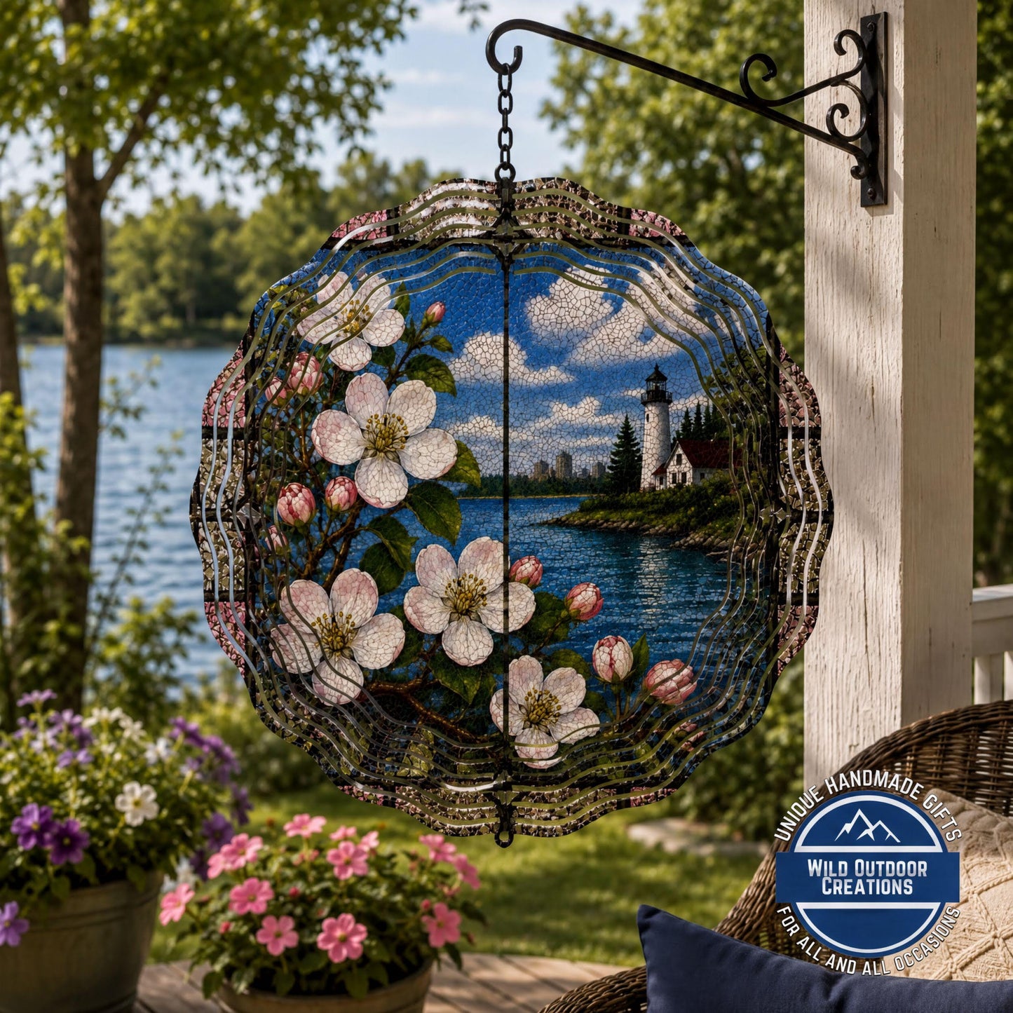 Michigan State Flower Apple Blossom Wind Spinner Stained Glass Look Lighthouse Decor 10 Inch