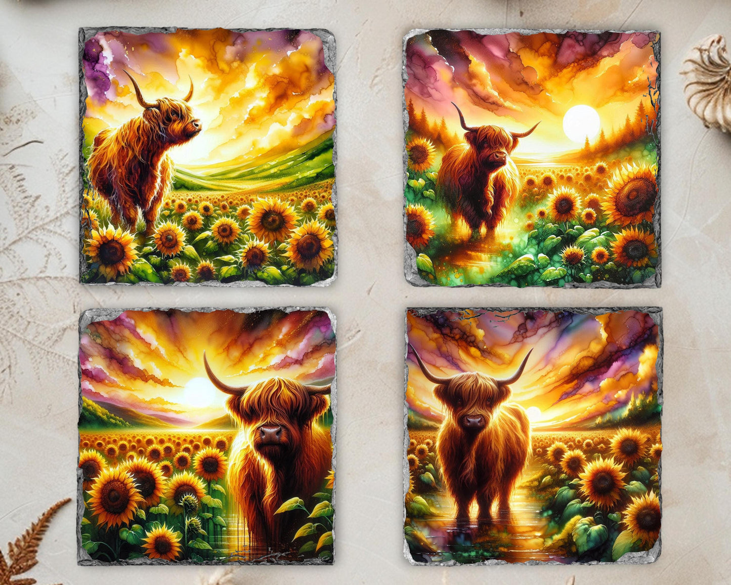 Highland Cow Slate Coaster Set with Sunflower Meadow Design  Unique Fractured Edges