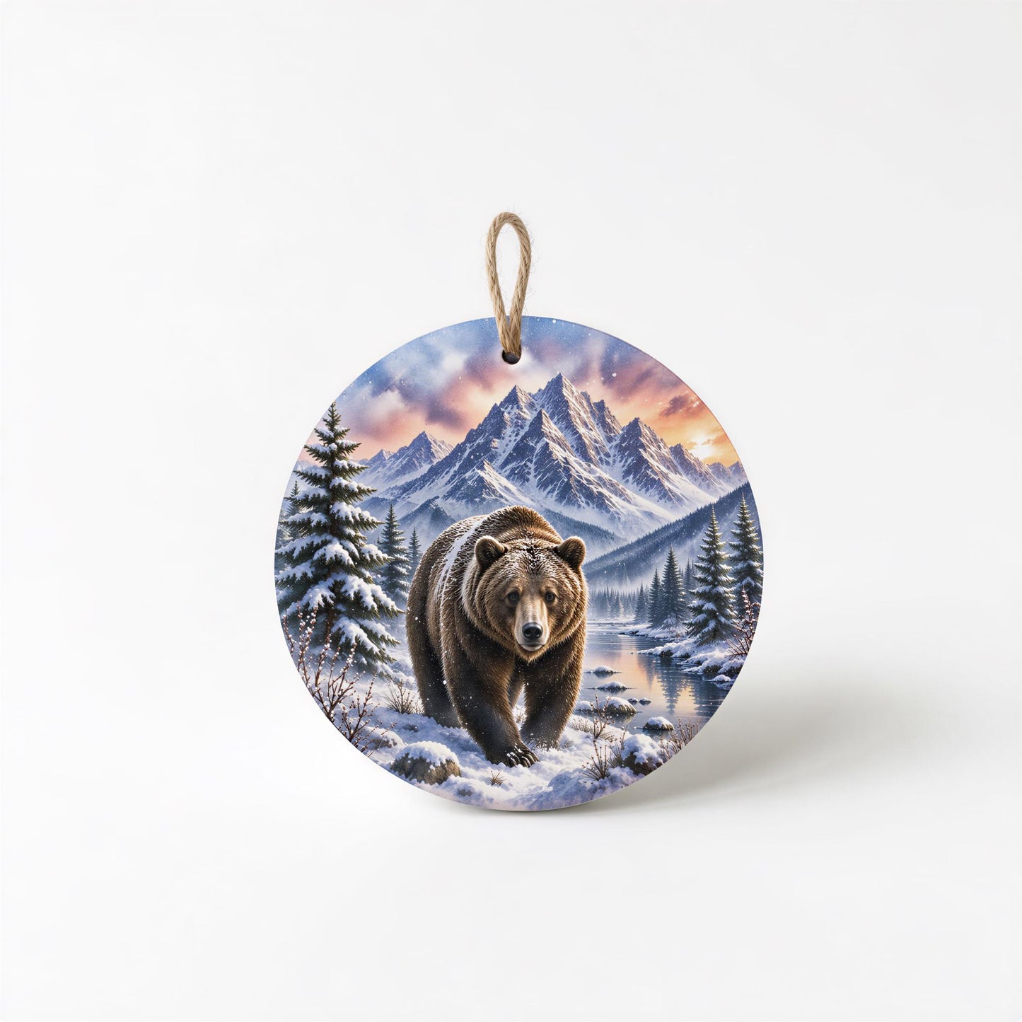 Grizzly Bear Ornament | Watercolor Mountains, Ceramic Keepsake
