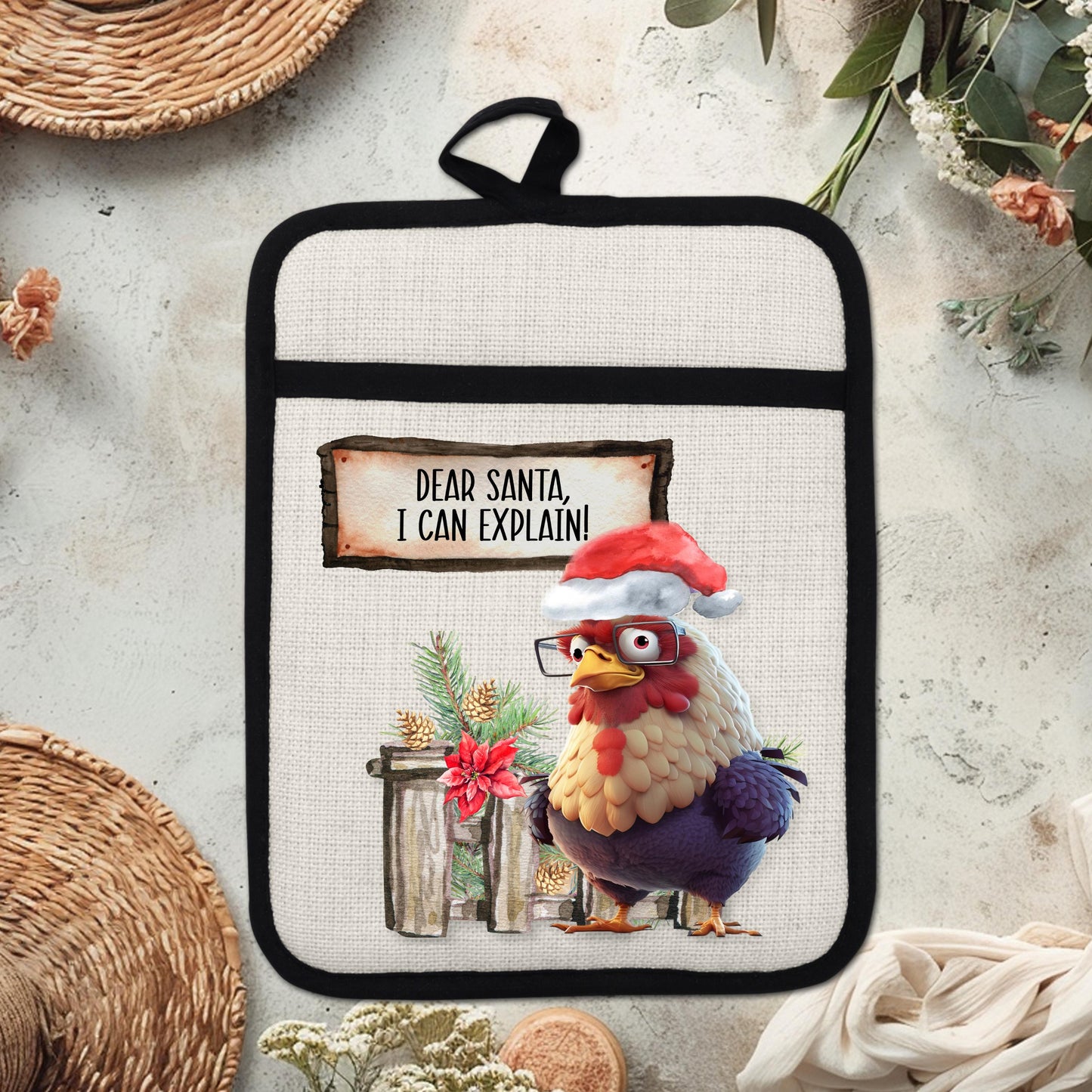 Funny Chicken Christmas Pot Holder with Santa Hat  Fence Scene - Dear Santa I Can Explain Linen Hot Pad Gift