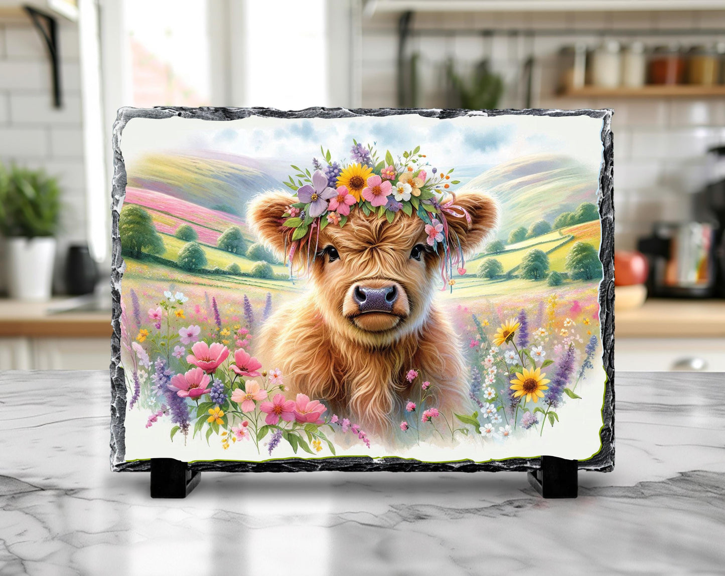 Highland Cow Slate Sign – Rustic Slate Plaque with Baby Calf Floral Headband