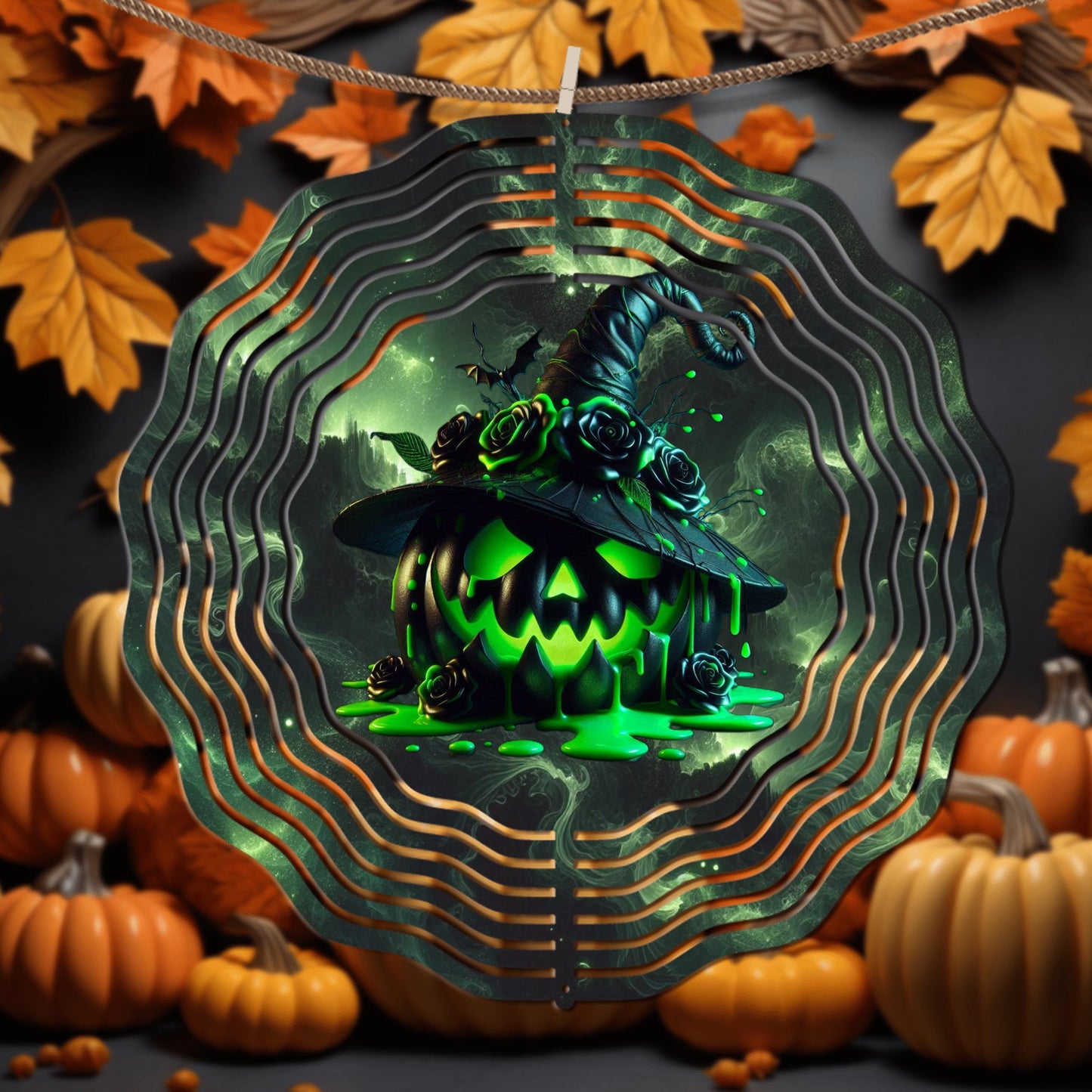 Jack-O-Lantern Wind Spinner - Neon Green UV-Protected Aluminum Garden Decor